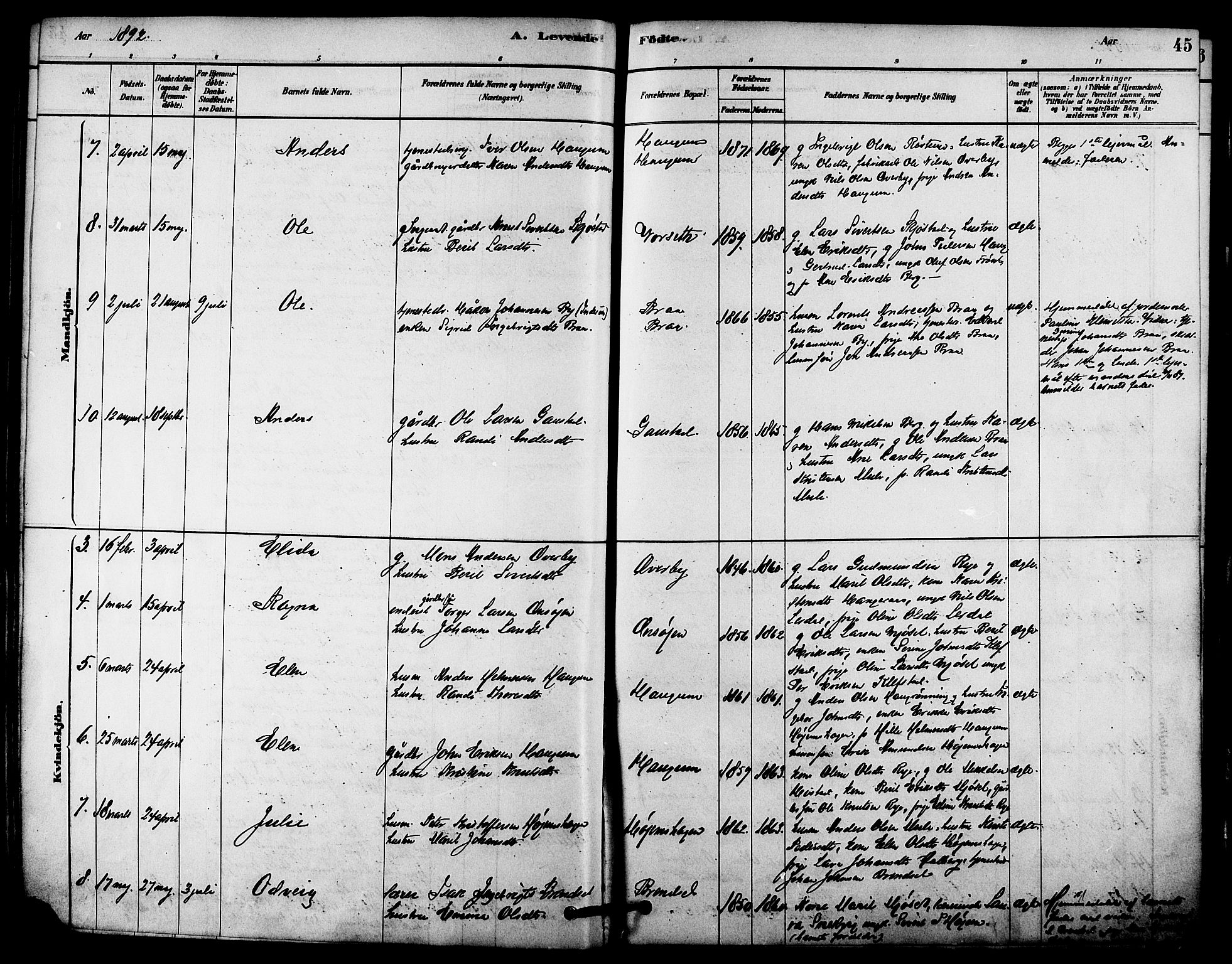 Ministerialprotokoller, klokkerbøker og fødselsregistre - Sør-Trøndelag, SAT/A-1456/612/L0378: Ministerialbok nr. 612A10, 1878-1897, s. 45
