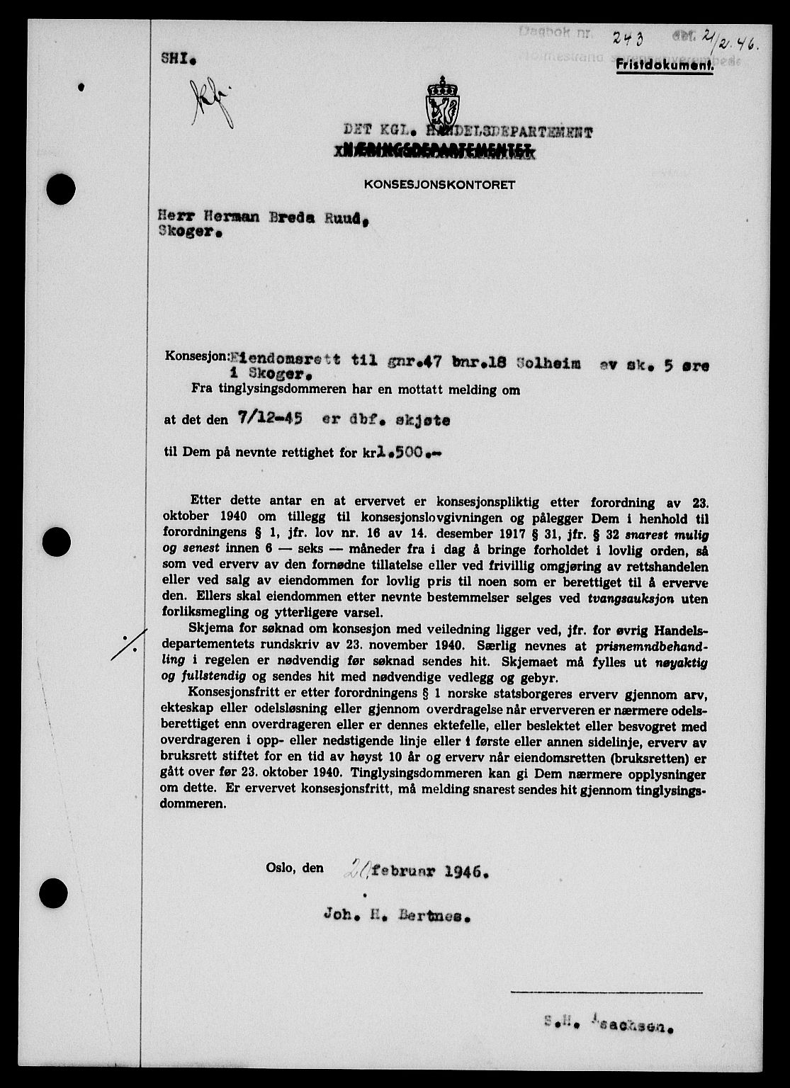Holmestrand sorenskriveri, SAKO/A-67/G/Ga/Gab/L0055: Pantebok nr. B-55, 1945-1946, Dagboknr: 243/1946