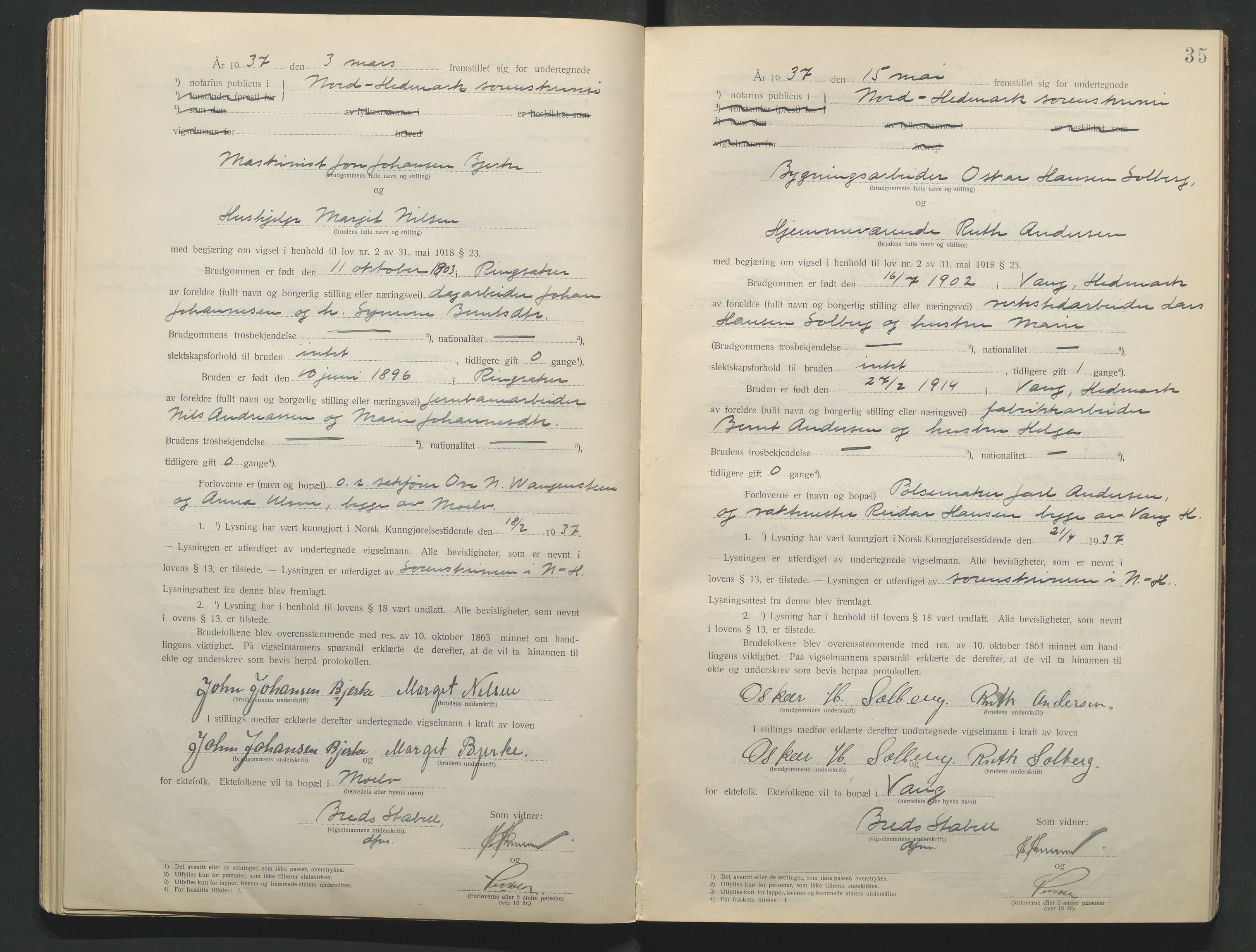 Nord-Hedmark sorenskriveri, AV/SAH-TING-012/L/Lc/L0001/0001: Vigselsprotokoller / Vigselsprotokoll, 1920-1942, s. 35