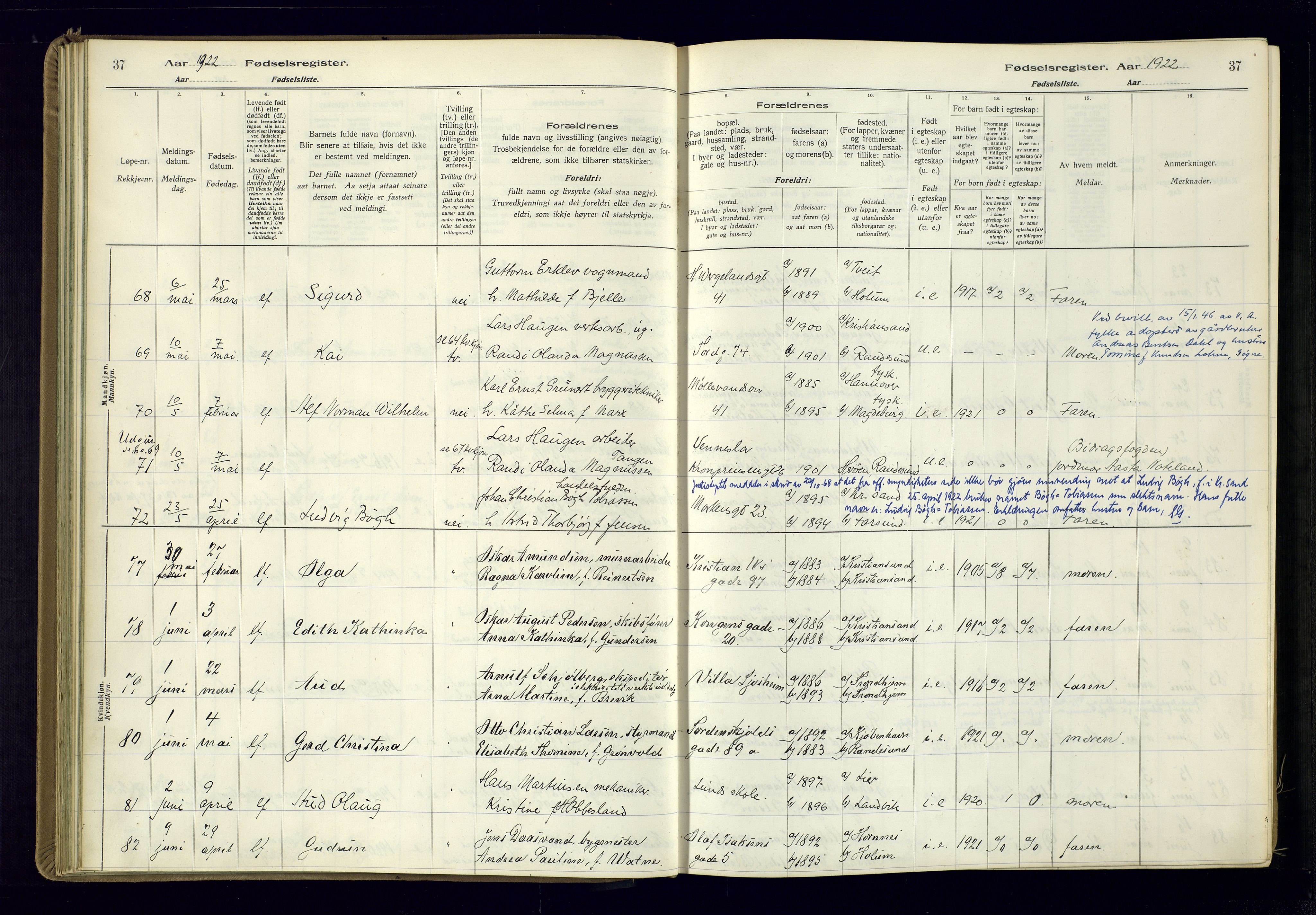 Kristiansand domprosti, AV/SAK-1112-0006/J/Jc/L0002: Fødselsregister nr. A-VI-46, 1921-1926, s. 37