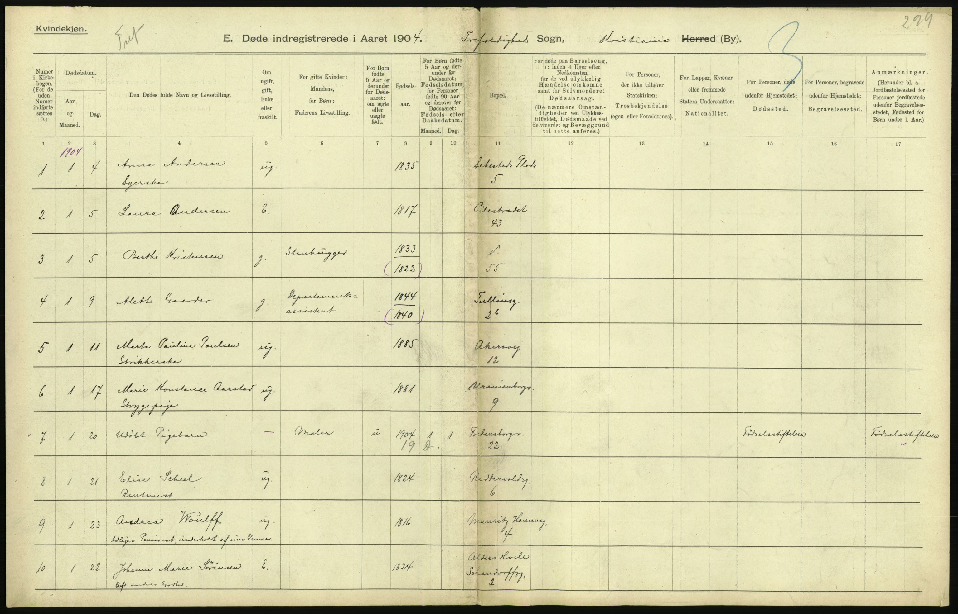 Statistisk sentralbyrå, Sosiodemografiske emner, Befolkning, AV/RA-S-2228/D/Df/Dfa/Dfab/L0004: Kristiania: Gifte, døde, 1904, s. 297