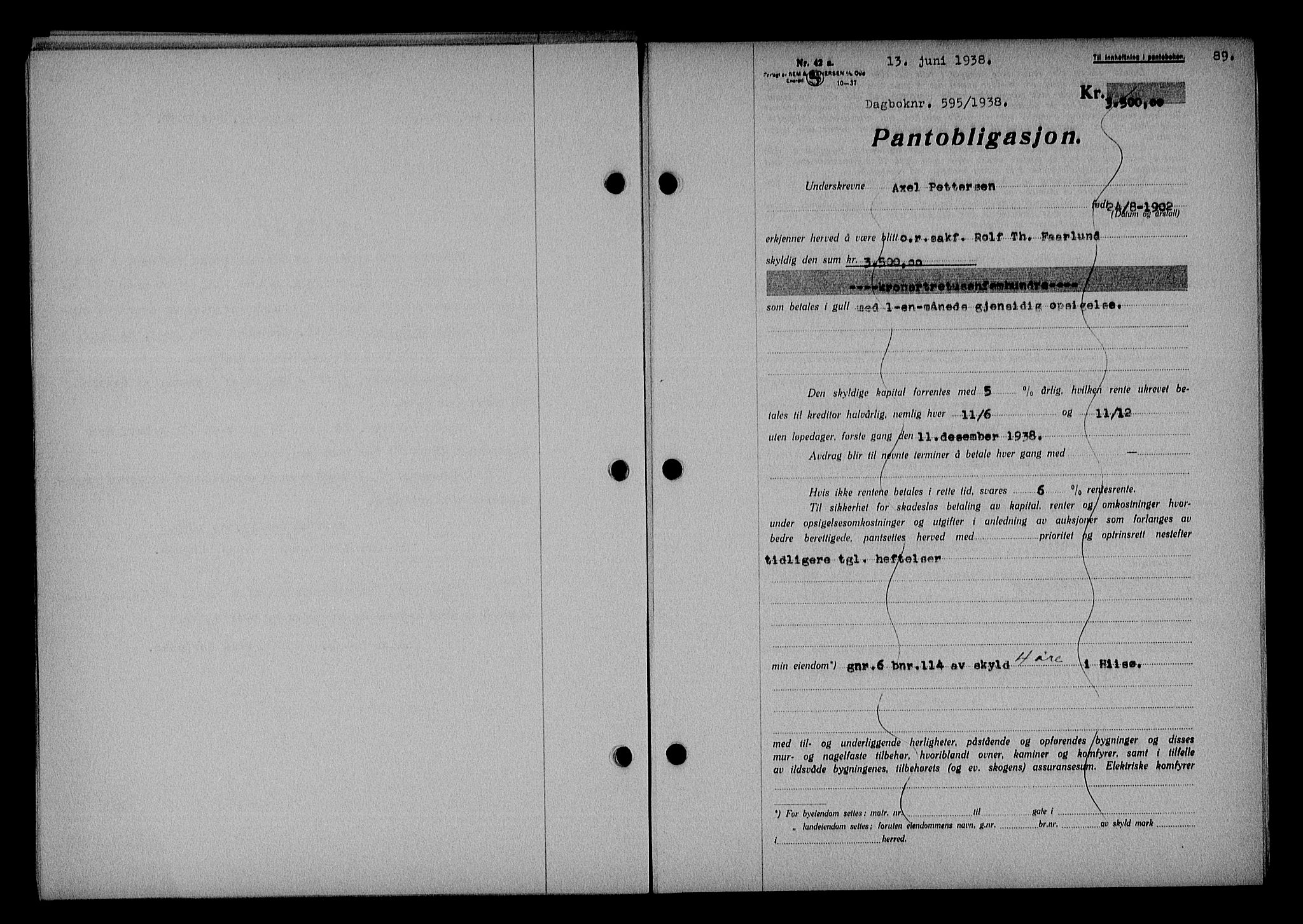 Nedenes sorenskriveri, SAK/1221-0006/G/Gb/Gba/L0045: Pantebok nr. 41, 1938-1938, Dagboknr: 595/1938