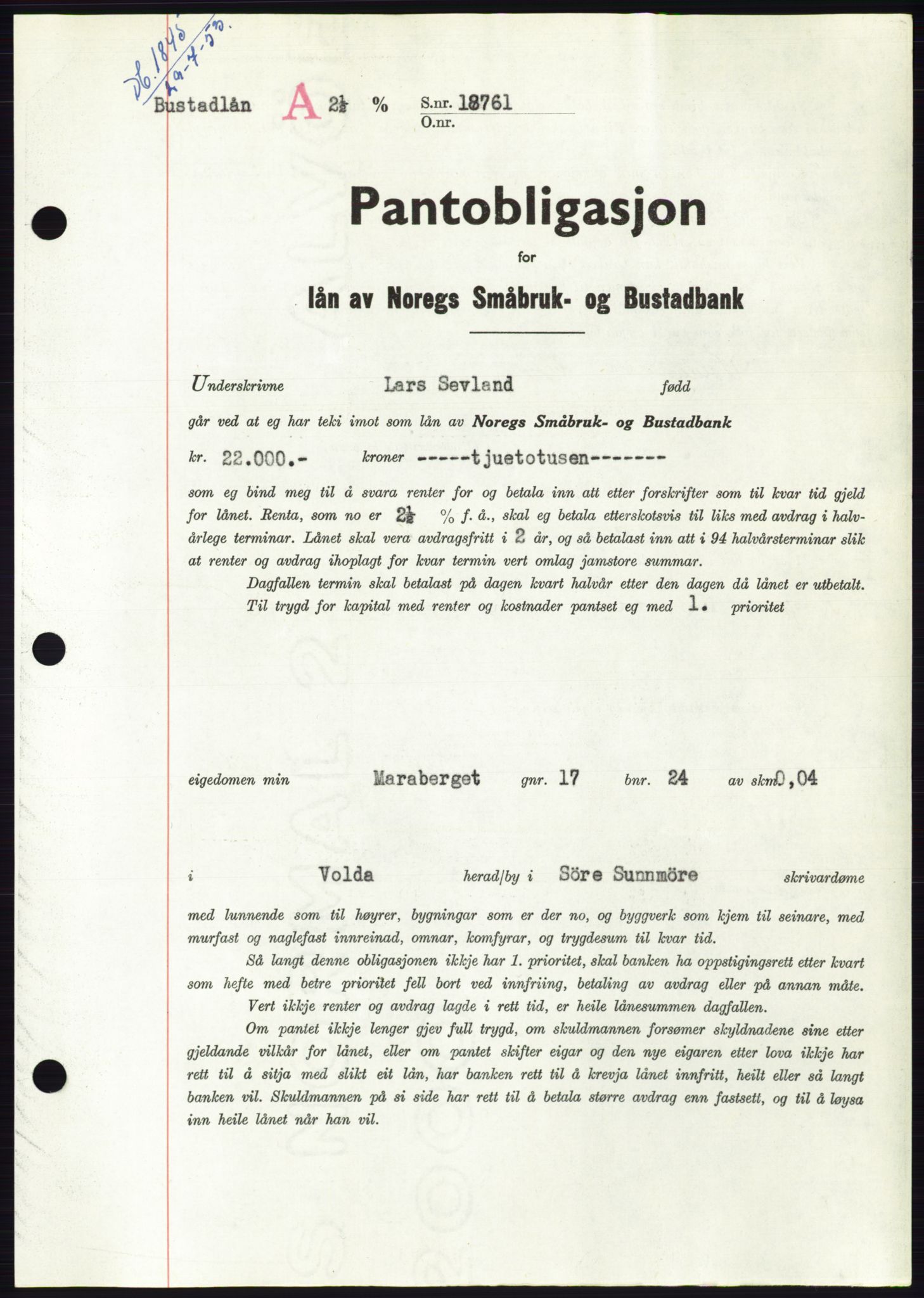 Søre Sunnmøre sorenskriveri, SAT/A-4122/1/2/2C/L0123: Pantebok nr. 11B, 1953-1953, Dagboknr: 1845/1953