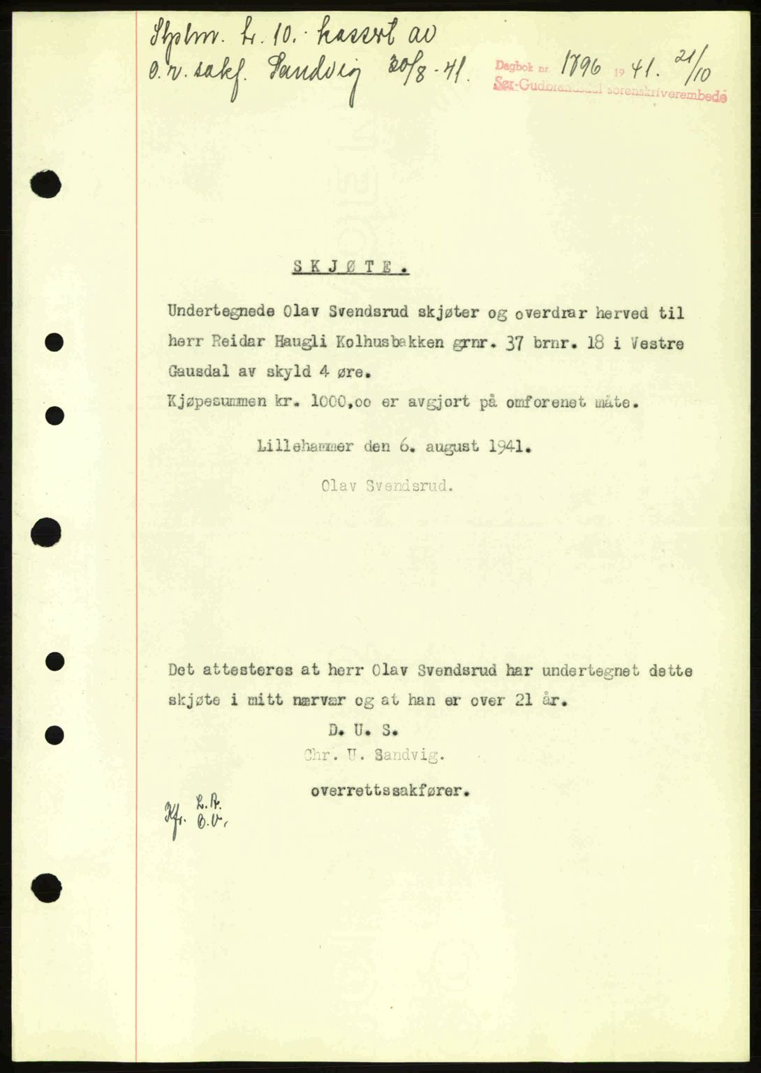 Sør-Gudbrandsdal tingrett, SAH/TING-004/H/Hb/Hbd/L0009: Pantebok nr. A9, 1941-1941, Dagboknr: 1796/1941