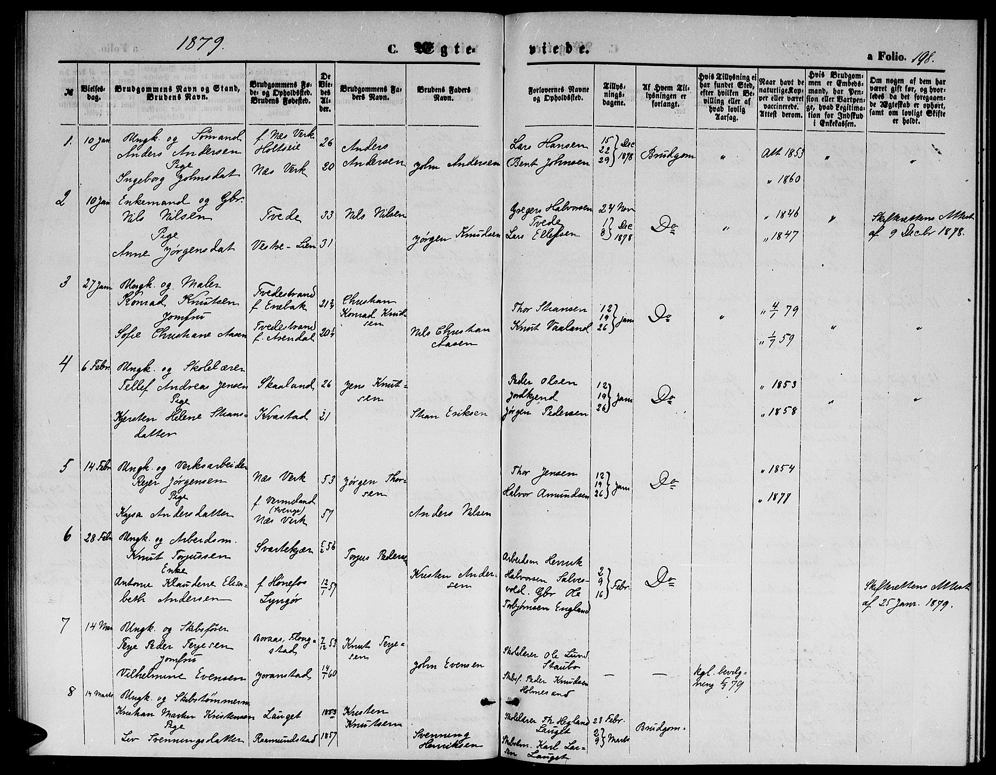 Holt sokneprestkontor, AV/SAK-1111-0021/F/Fb/L0009: Klokkerbok nr. B 9, 1871-1883, s. 198