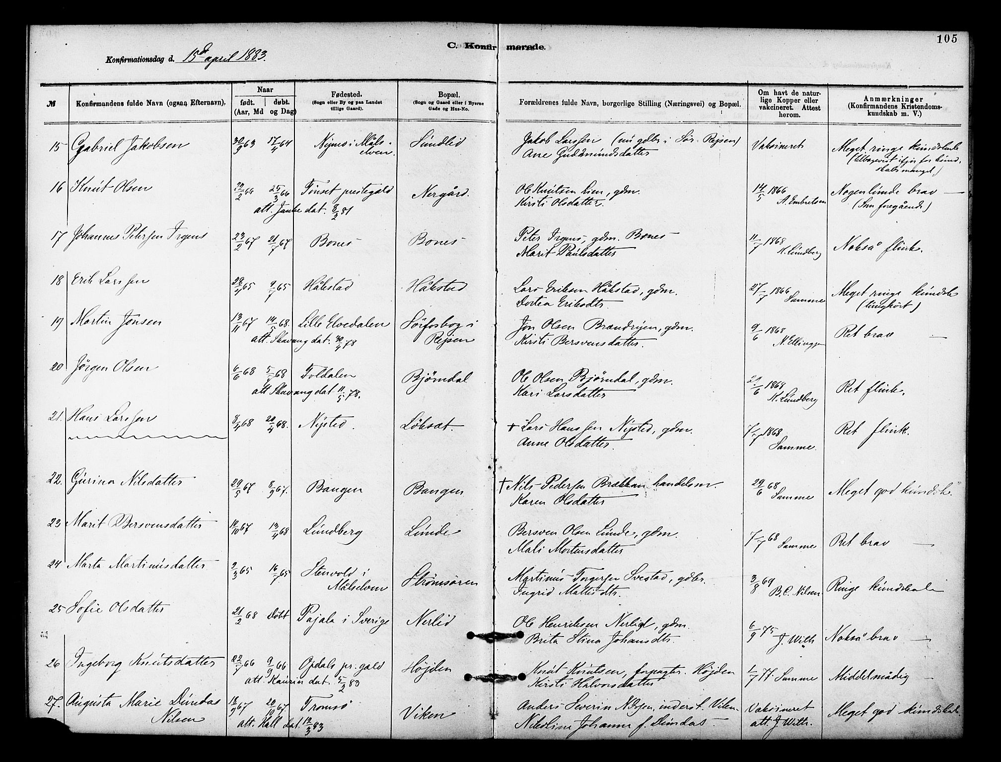 Målselv sokneprestembete, AV/SATØ-S-1311/G/Ga/Gaa/L0009kirke: Ministerialbok nr. 9, 1878-1889, s. 105