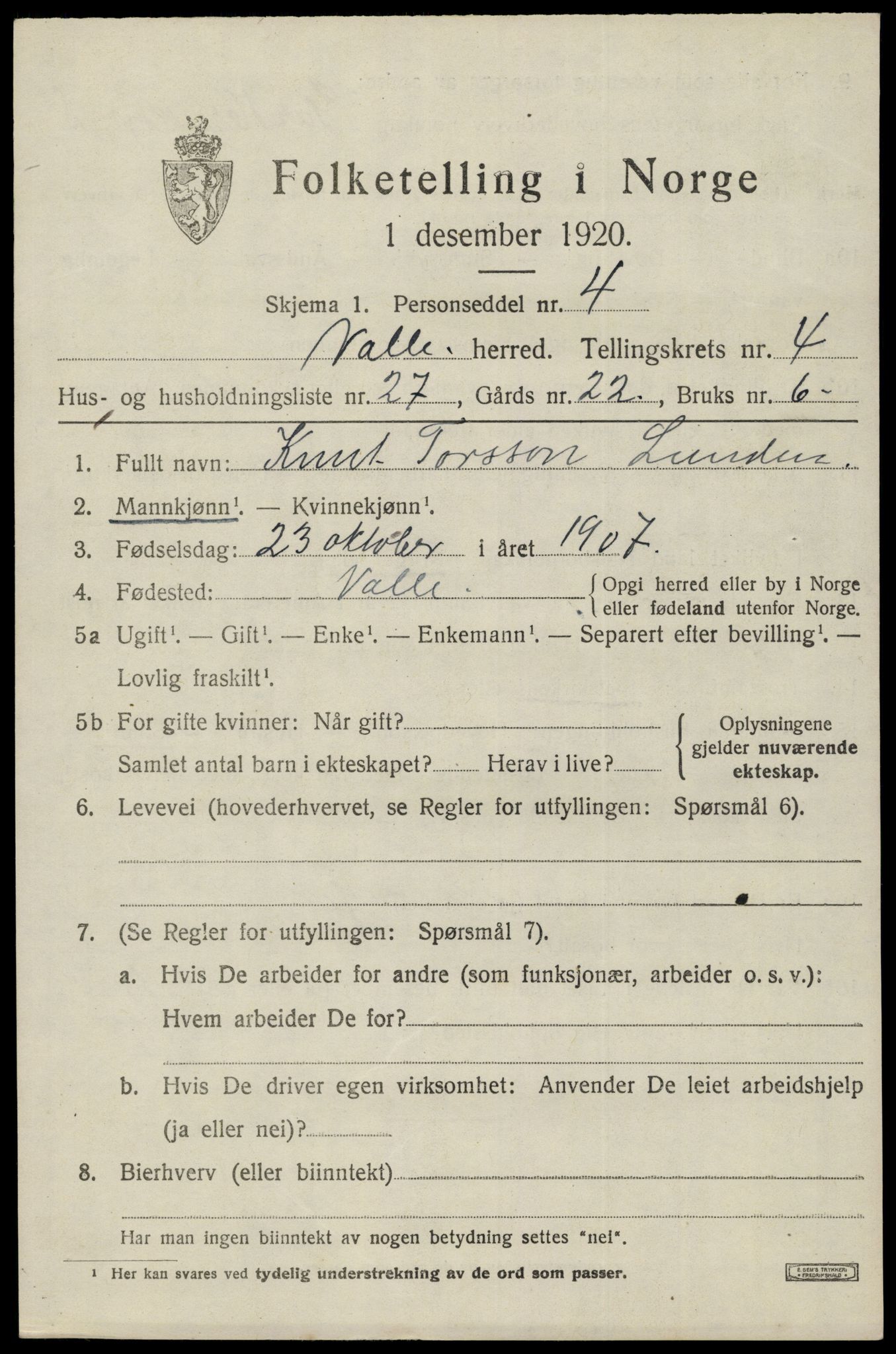 SAK, Folketelling 1920 for 0940 Valle herred, 1920, s. 2301