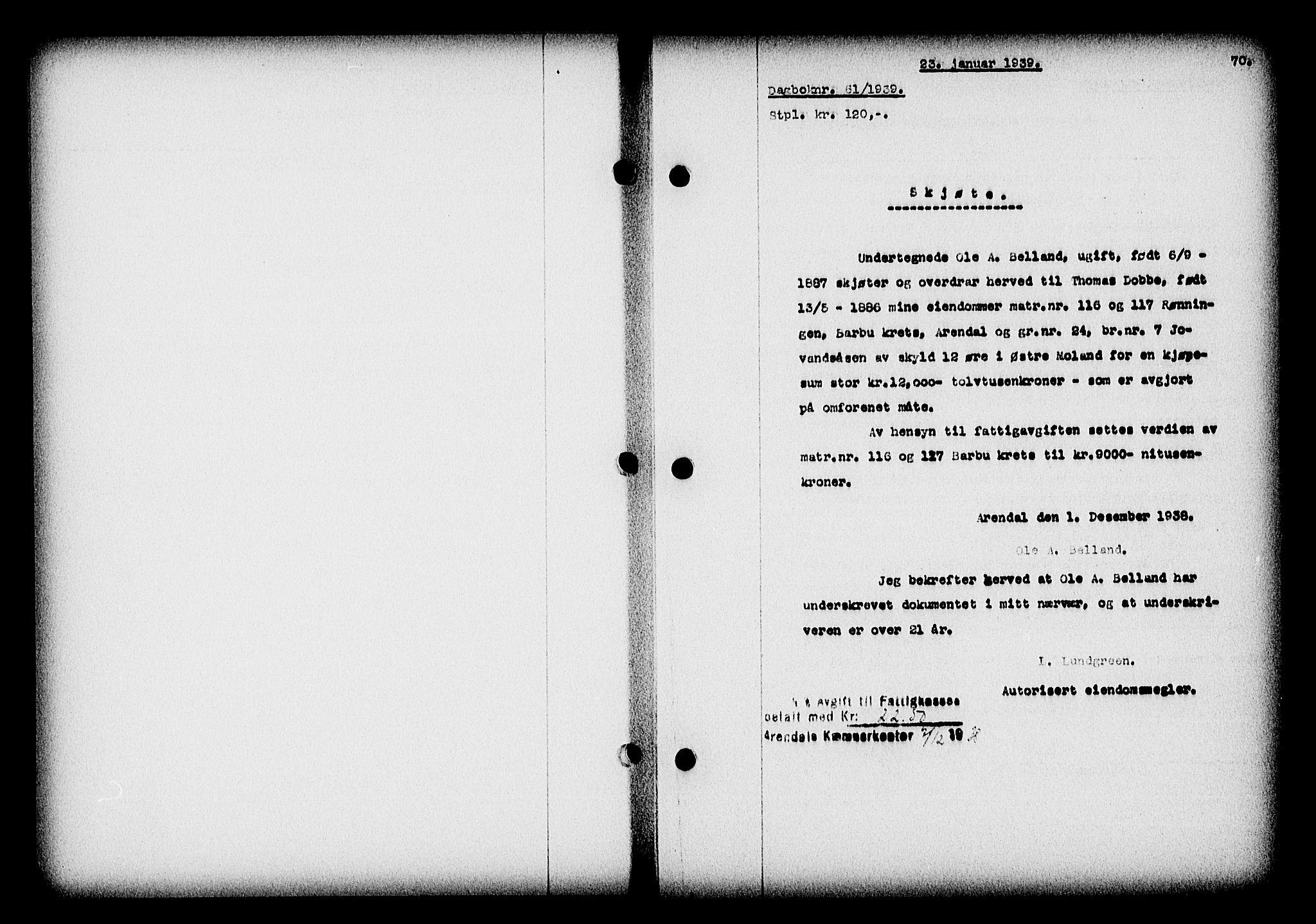 Nedenes sorenskriveri, SAK/1221-0006/G/Gb/Gba/L0046: Pantebok nr. 42, 1938-1939, Dagboknr: 61/1939