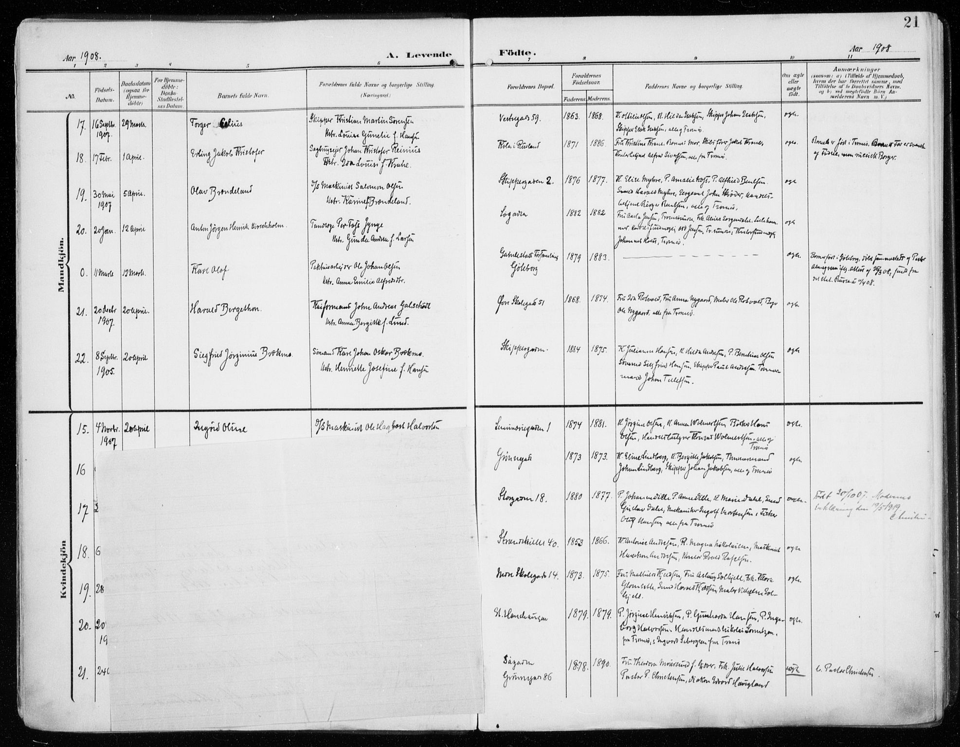 Tromsø sokneprestkontor/stiftsprosti/domprosti, AV/SATØ-S-1343/G/Ga/L0017kirke: Ministerialbok nr. 17, 1907-1917, s. 21