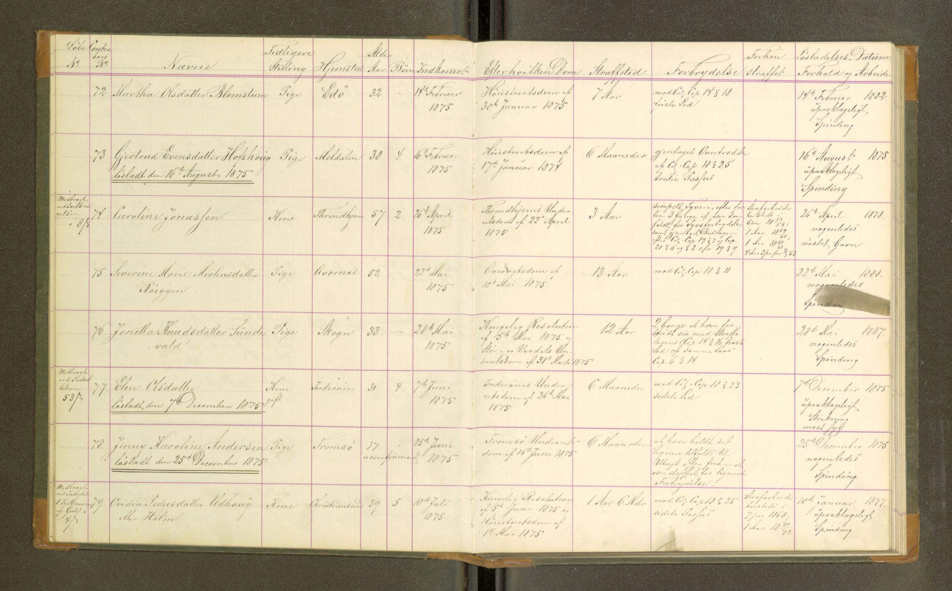 Trondheim tukthus, AV/SAT-A-4619/05/65/L0031: 65.31 Fangeprotokoll, 1875