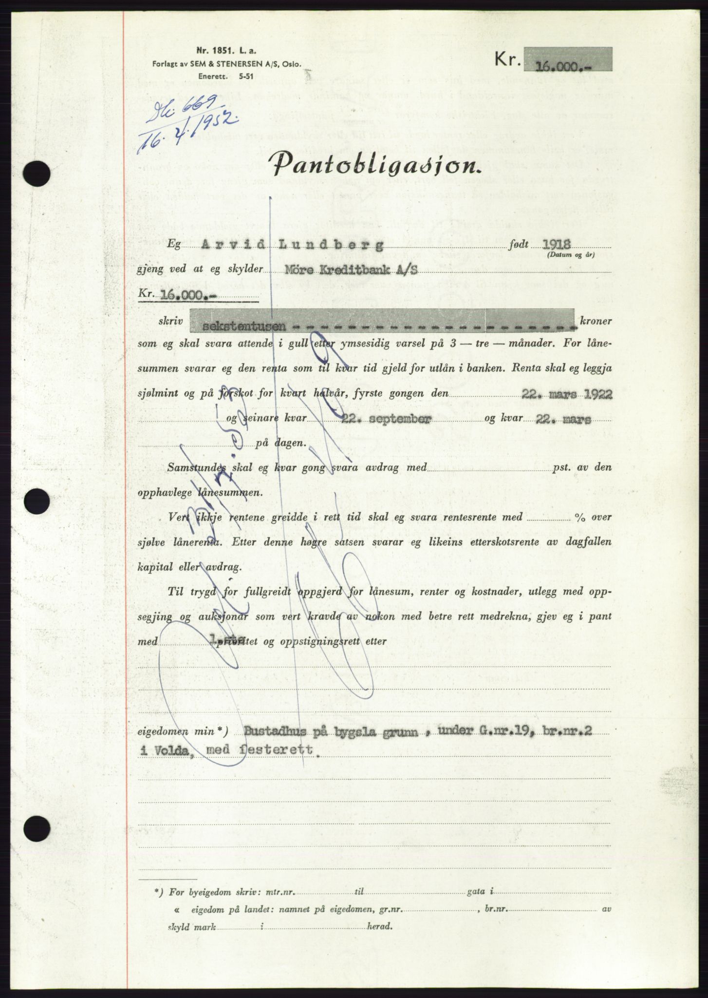 Søre Sunnmøre sorenskriveri, AV/SAT-A-4122/1/2/2C/L0121: Pantebok nr. 9B, 1951-1952, Dagboknr: 669/1952