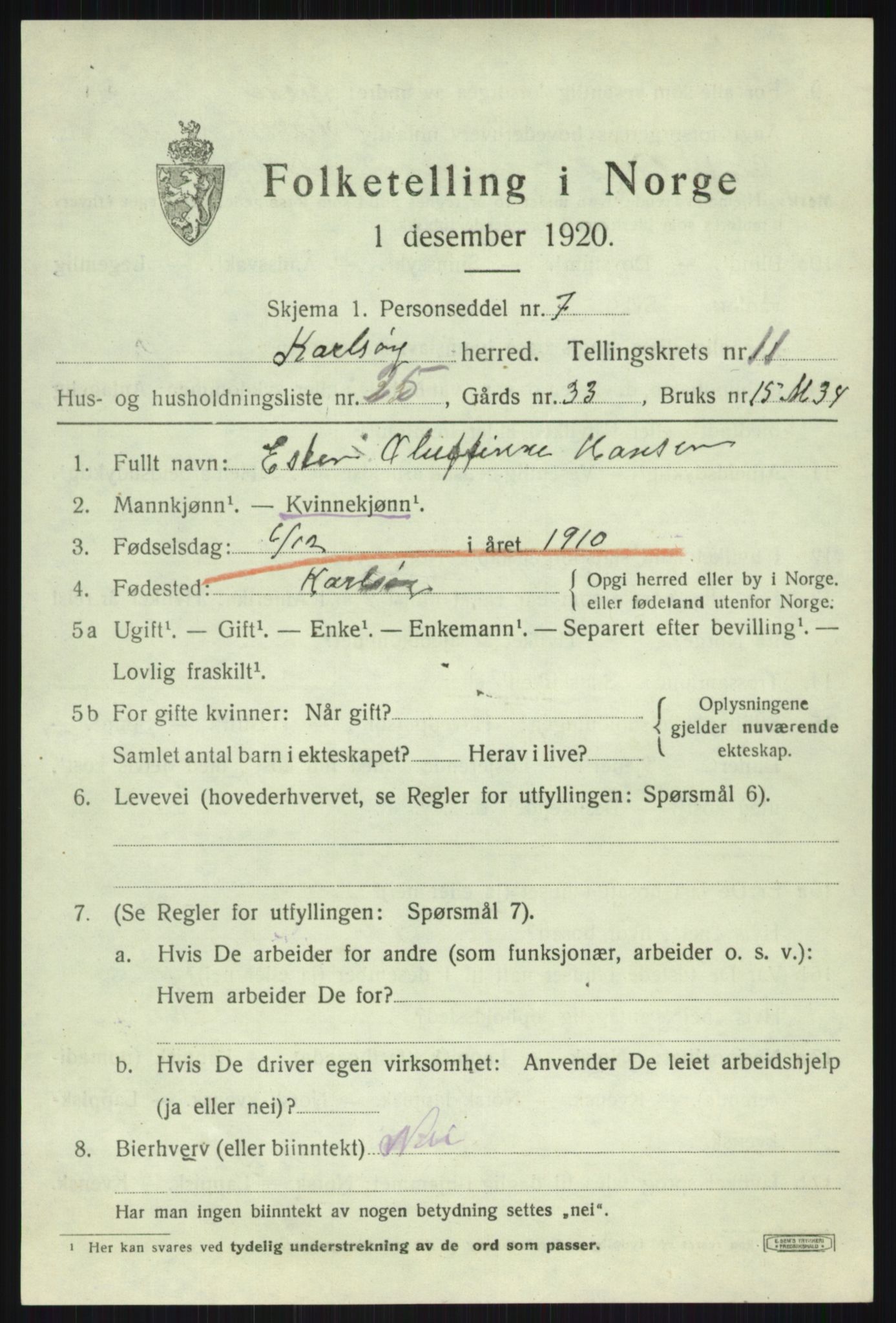 SATØ, Folketelling 1920 for 1936 Karlsøy herred, 1920, s. 4276