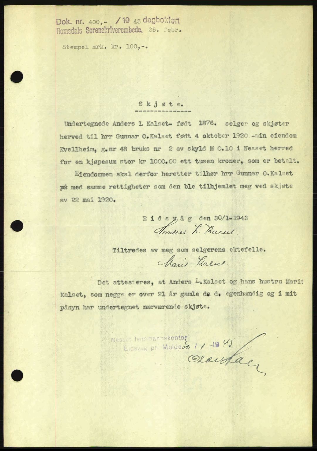 Romsdal sorenskriveri, SAT/A-4149/1/2/2C: Pantebok nr. A13, 1942-1943, Dagboknr: 400/1943