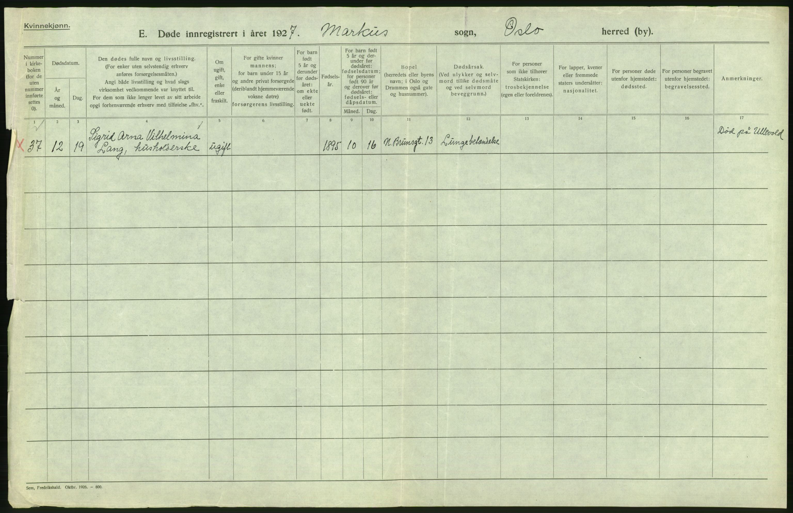 Statistisk sentralbyrå, Sosiodemografiske emner, Befolkning, AV/RA-S-2228/D/Df/Dfc/Dfcg/L0010: Oslo: Døde kvinner, dødfødte, 1927, s. 378