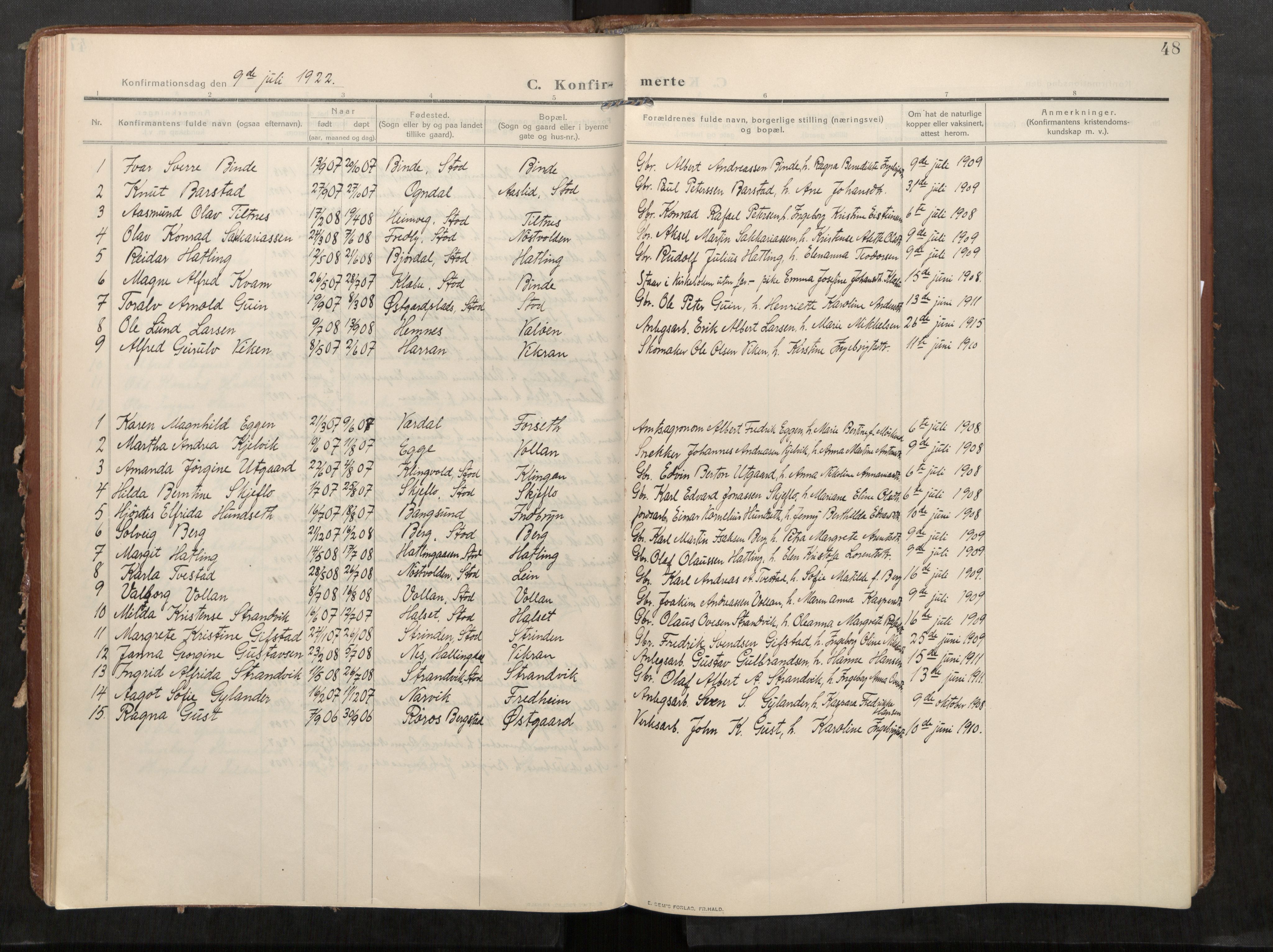 Stod sokneprestkontor, SAT/A-1164/1/I/I1/I1a/L0002: Ministerialbok nr. 2, 1909-1922, s. 48