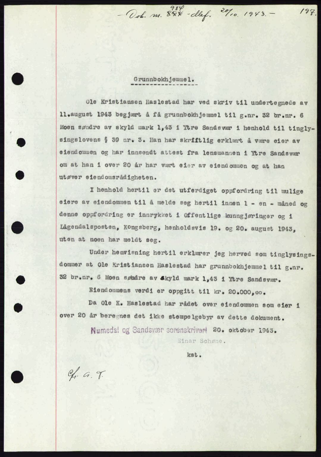 Numedal og Sandsvær sorenskriveri, SAKO/A-128/G/Ga/Gaa/L0055: Pantebok nr. A7, 1943-1944, Dagboknr: 984/1943