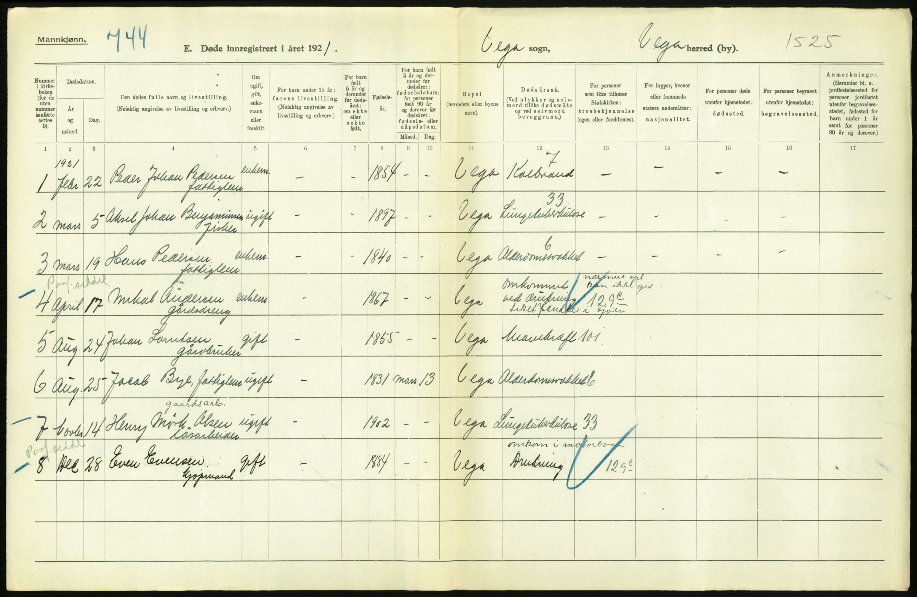 Statistisk sentralbyrå, Sosiodemografiske emner, Befolkning, AV/RA-S-2228/D/Df/Dfc/Dfca/L0051: Nordland fylke: Døde. Bygder og byer., 1921