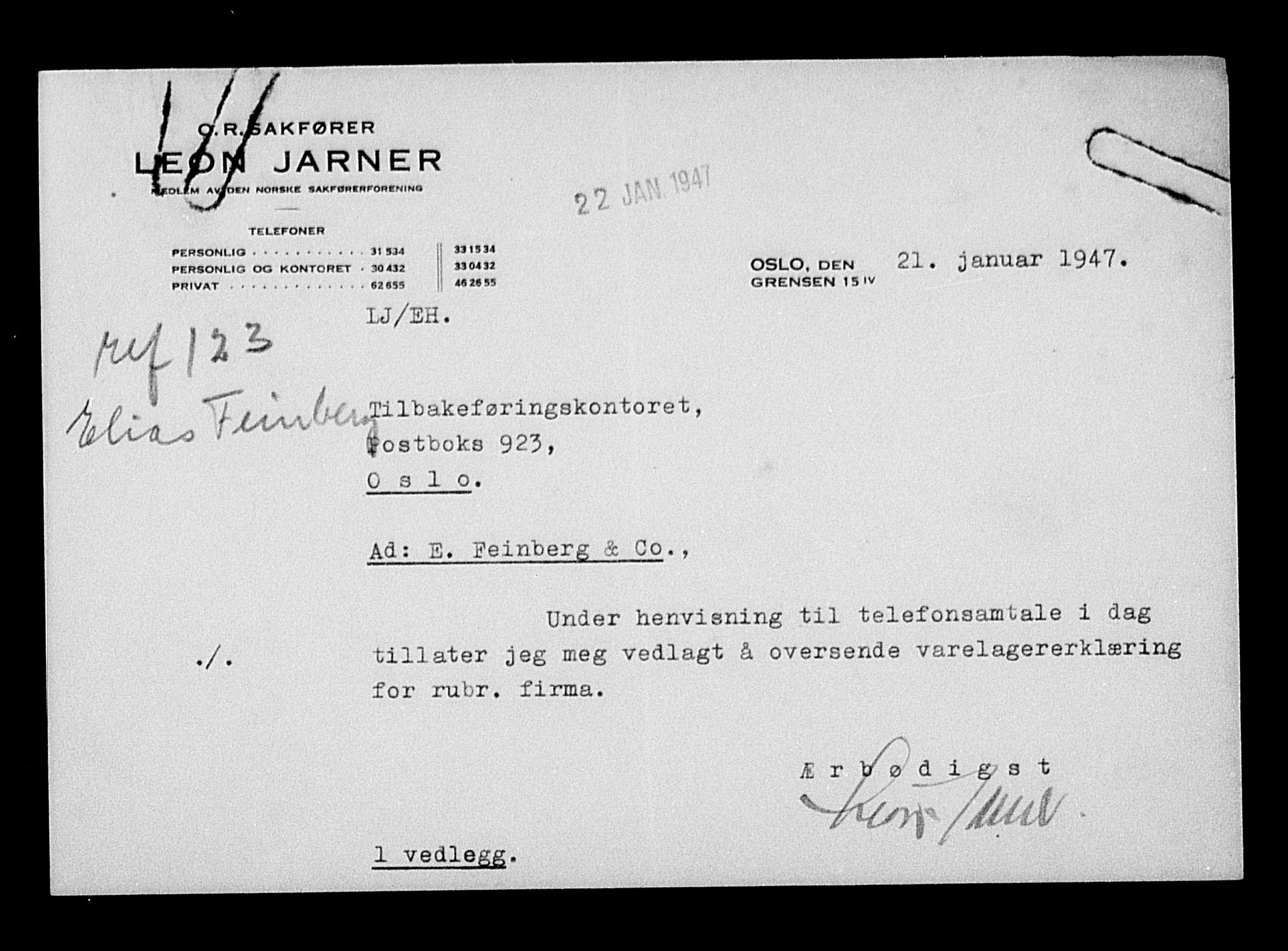 Justisdepartementet, Tilbakeføringskontoret for inndratte formuer, AV/RA-S-1564/H/Hc/Hcc/L0934: --, 1945-1947, s. 169