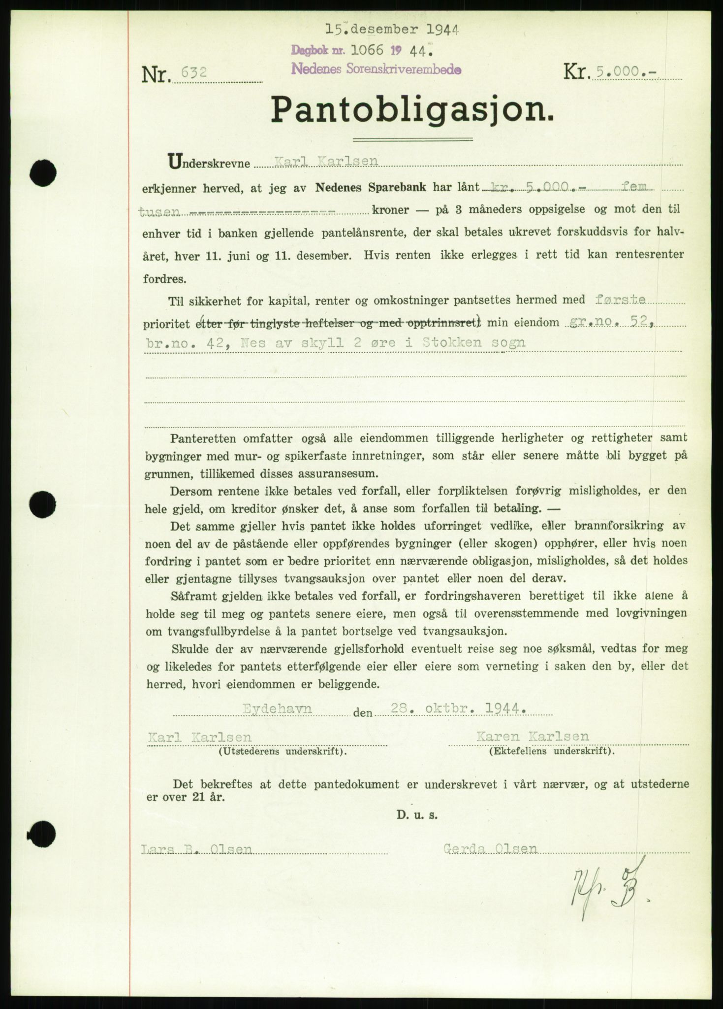 Nedenes sorenskriveri, SAK/1221-0006/G/Gb/Gbb/L0002: Pantebok nr. II, 1942-1945, Dagboknr: 1066/1944