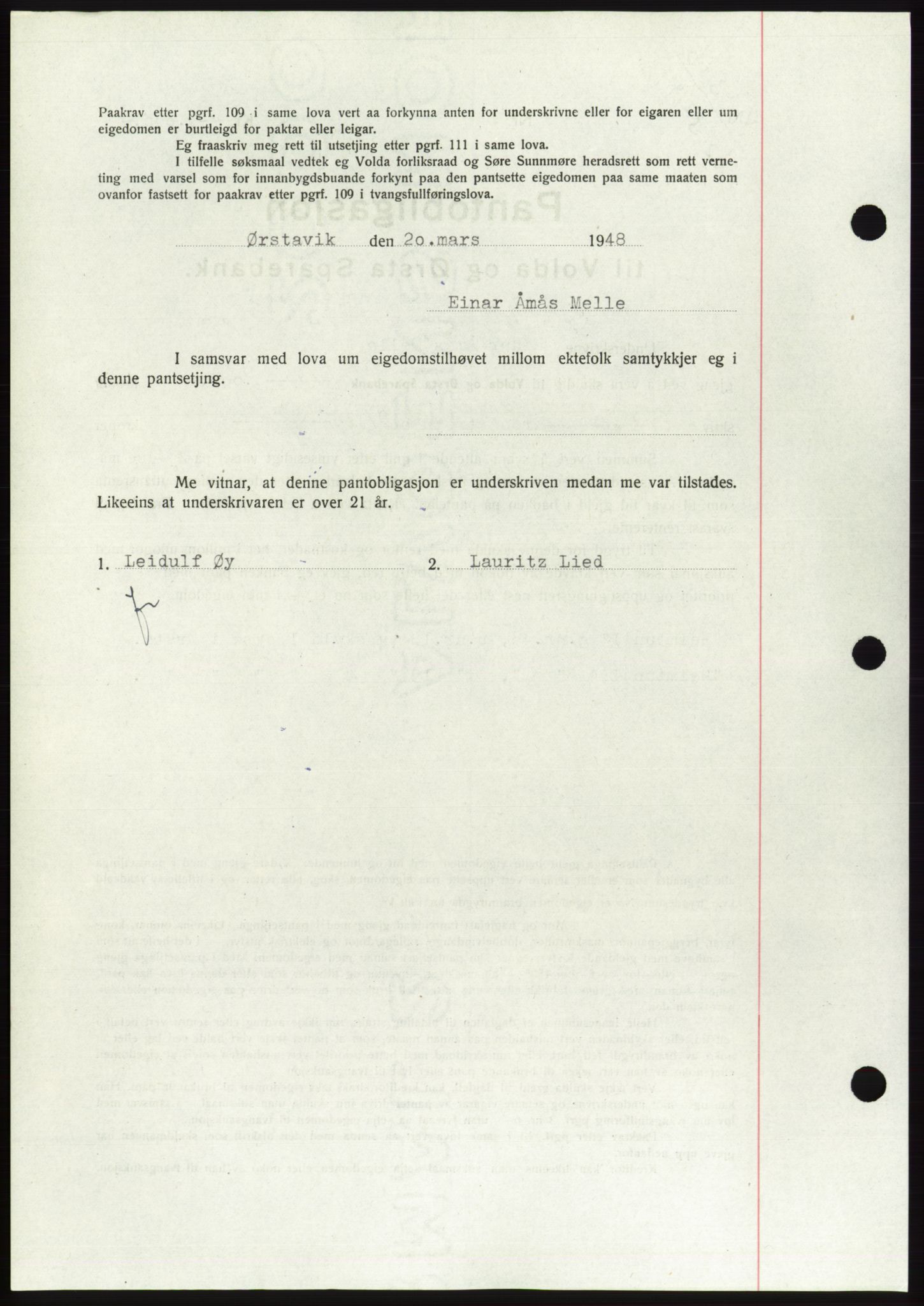Søre Sunnmøre sorenskriveri, AV/SAT-A-4122/1/2/2C/L0115: Pantebok nr. 3B, 1947-1948, Dagboknr: 376/1948