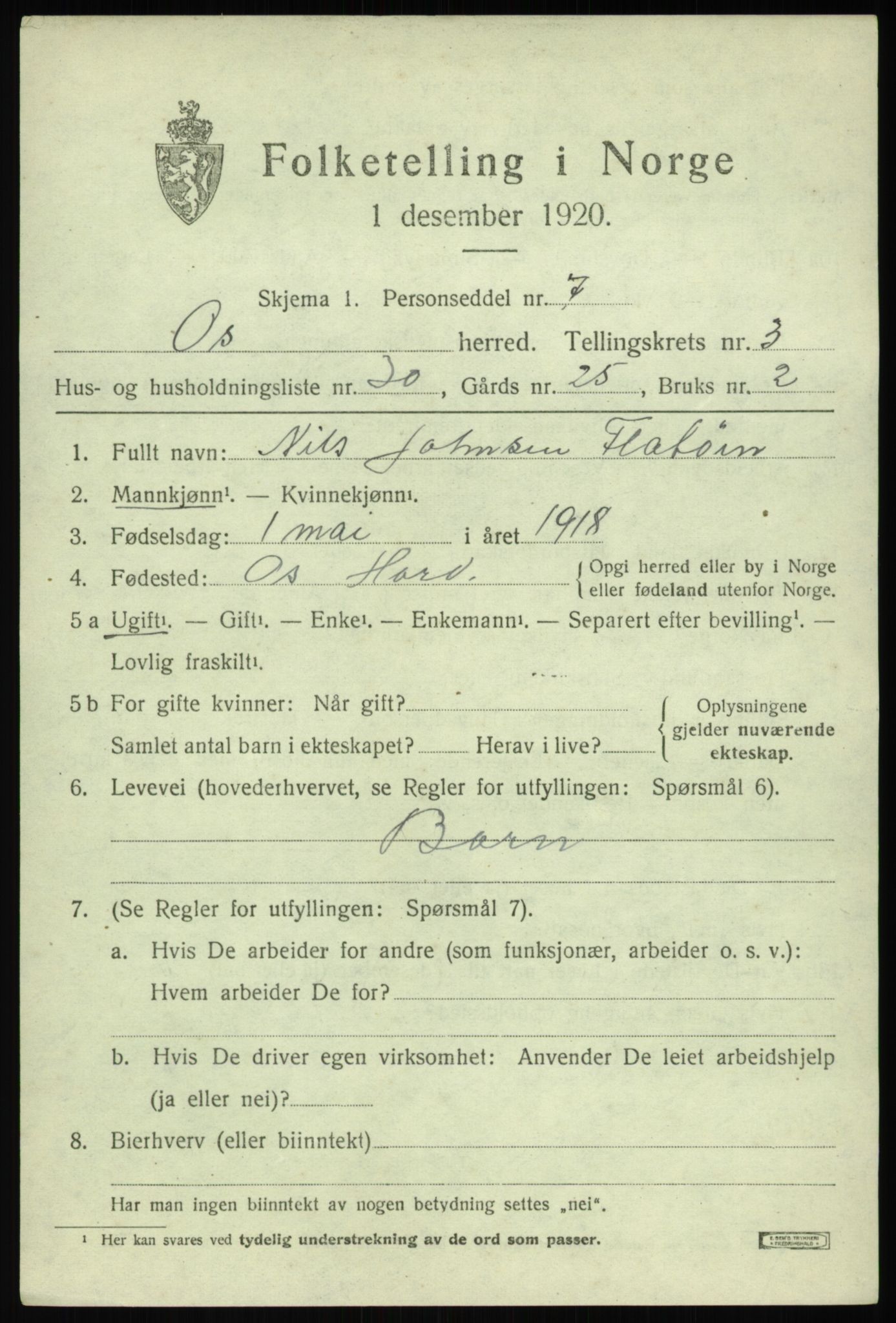 SAB, Folketelling 1920 for 1243 Os herred, 1920, s. 2944