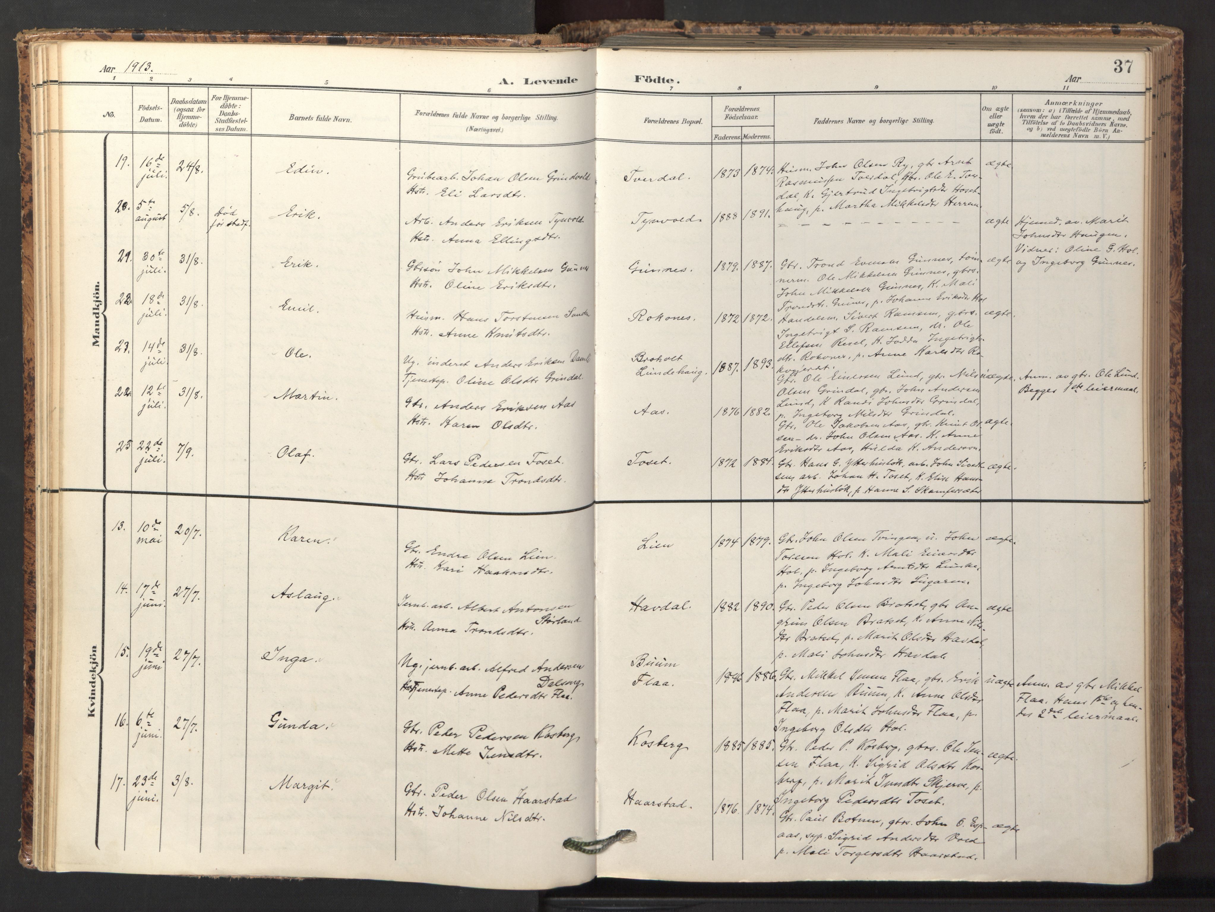 Ministerialprotokoller, klokkerbøker og fødselsregistre - Sør-Trøndelag, AV/SAT-A-1456/674/L0873: Ministerialbok nr. 674A05, 1908-1923, s. 37