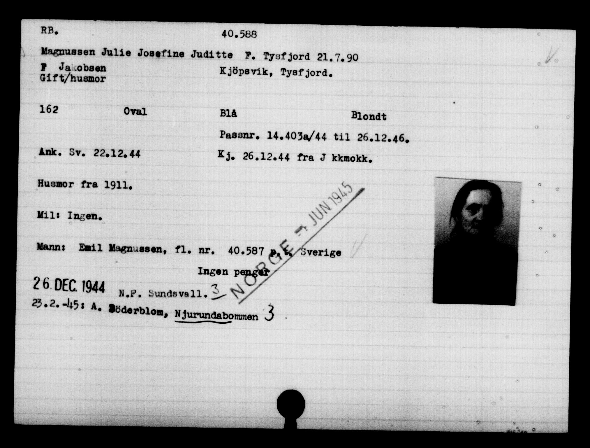 Utenriksstasjonene, Legasjonen i Stockholm, Flyktningkontoret, AV/RA-S-6753/V/Va/L0015: Kjesäterkartoteket, flyktninger med registreringsnr. 37800-40770, 1940-1945, s. 2892