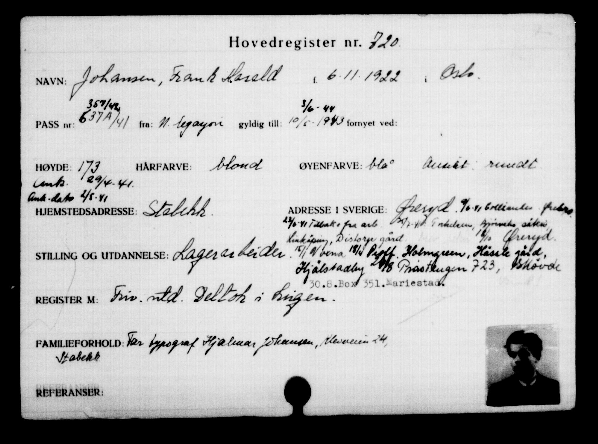 Utenriksstasjonene, Legasjonen i Stockholm, Flyktningkontoret, AV/RA-S-6753/V/Va/L0001: Kjesäterkartoteket, flyktninger med registreringsnr. 1-1000, 1940-1945, s. 1127