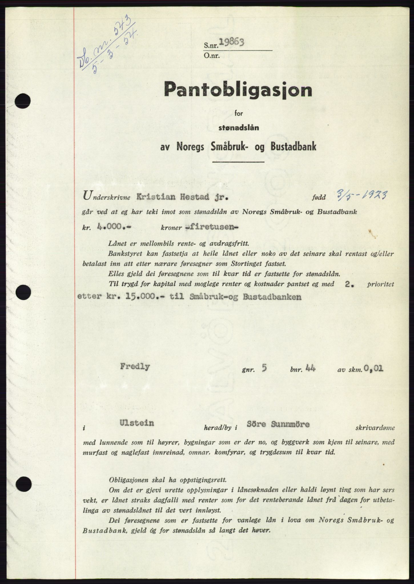 Søre Sunnmøre sorenskriveri, SAT/A-4122/1/2/2C/L0124: Pantebok nr. 12B, 1953-1954, Dagboknr: 543/1954