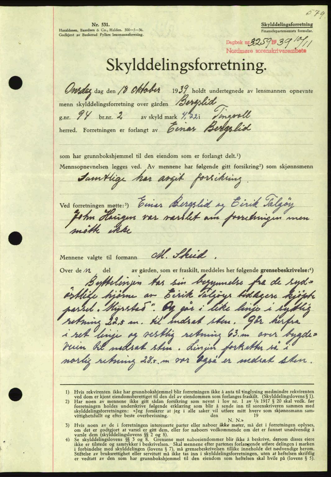 Nordmøre sorenskriveri, SAT/A-4132/1/2/2Ca: Pantebok nr. A87, 1939-1940, Dagboknr: 3259/1939