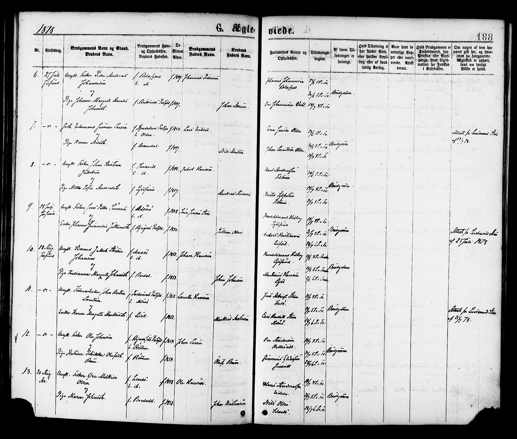 Ministerialprotokoller, klokkerbøker og fødselsregistre - Sør-Trøndelag, SAT/A-1456/655/L0679: Ministerialbok nr. 655A08, 1873-1879, s. 188