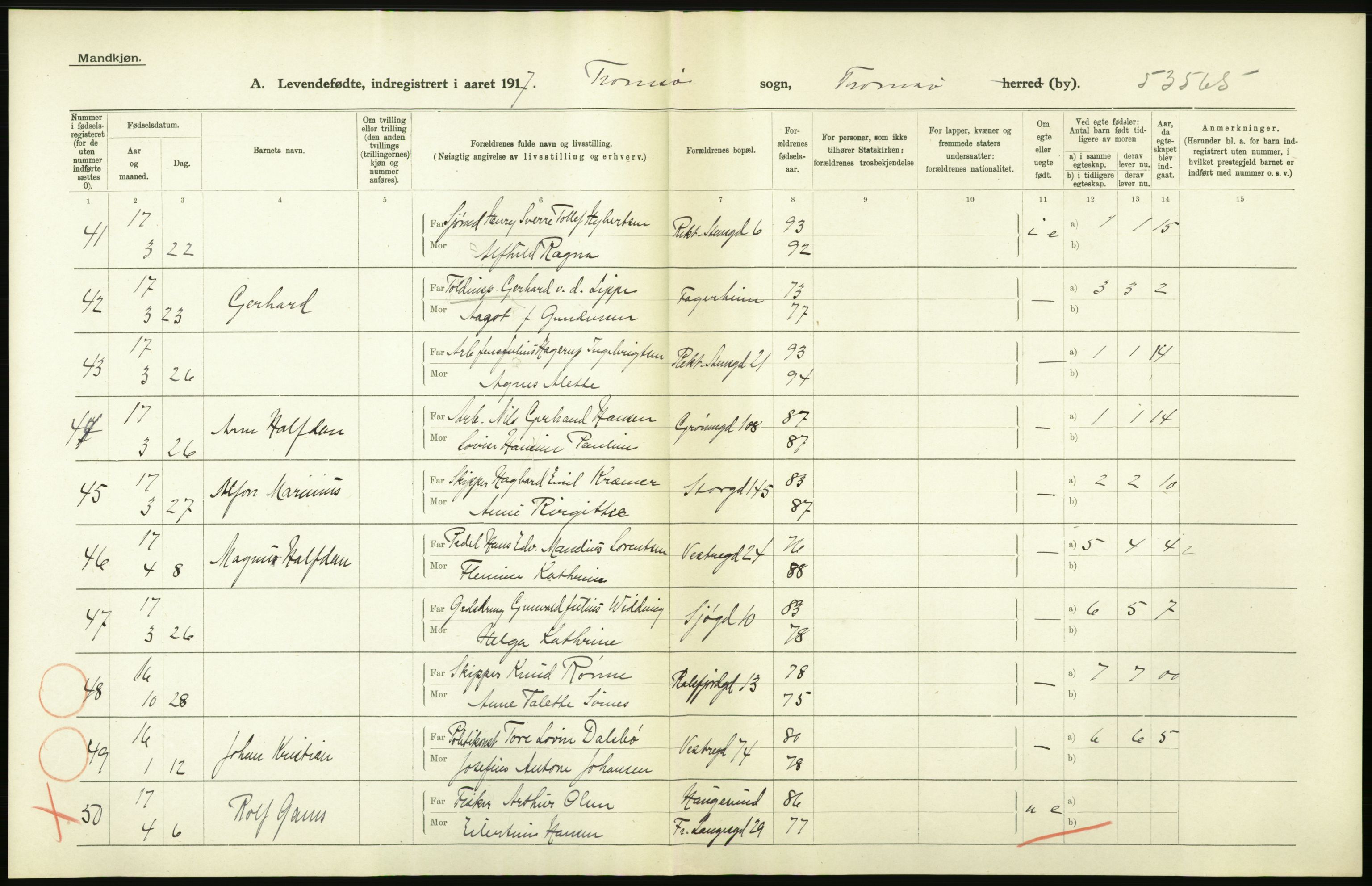 Statistisk sentralbyrå, Sosiodemografiske emner, Befolkning, AV/RA-S-2228/D/Df/Dfb/Dfbg/L0053: Tromsø amt: Levendefødte menn og kvinner. Bygder og byer., 1917, s. 44