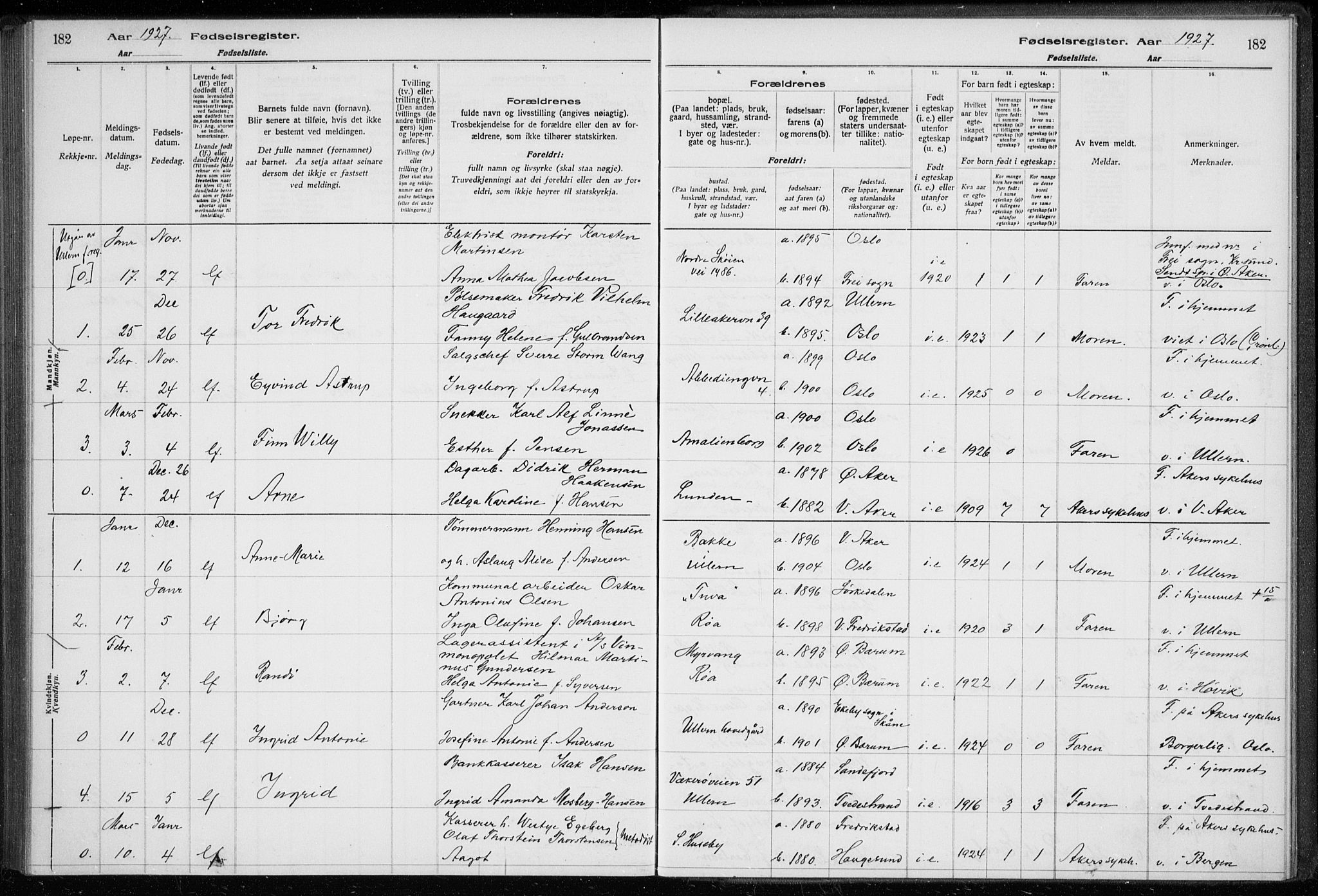 Ullern prestekontor Kirkebøker, AV/SAO-A-10740/J/L0001: Fødselsregister nr. 1, 1916-1928, s. 182