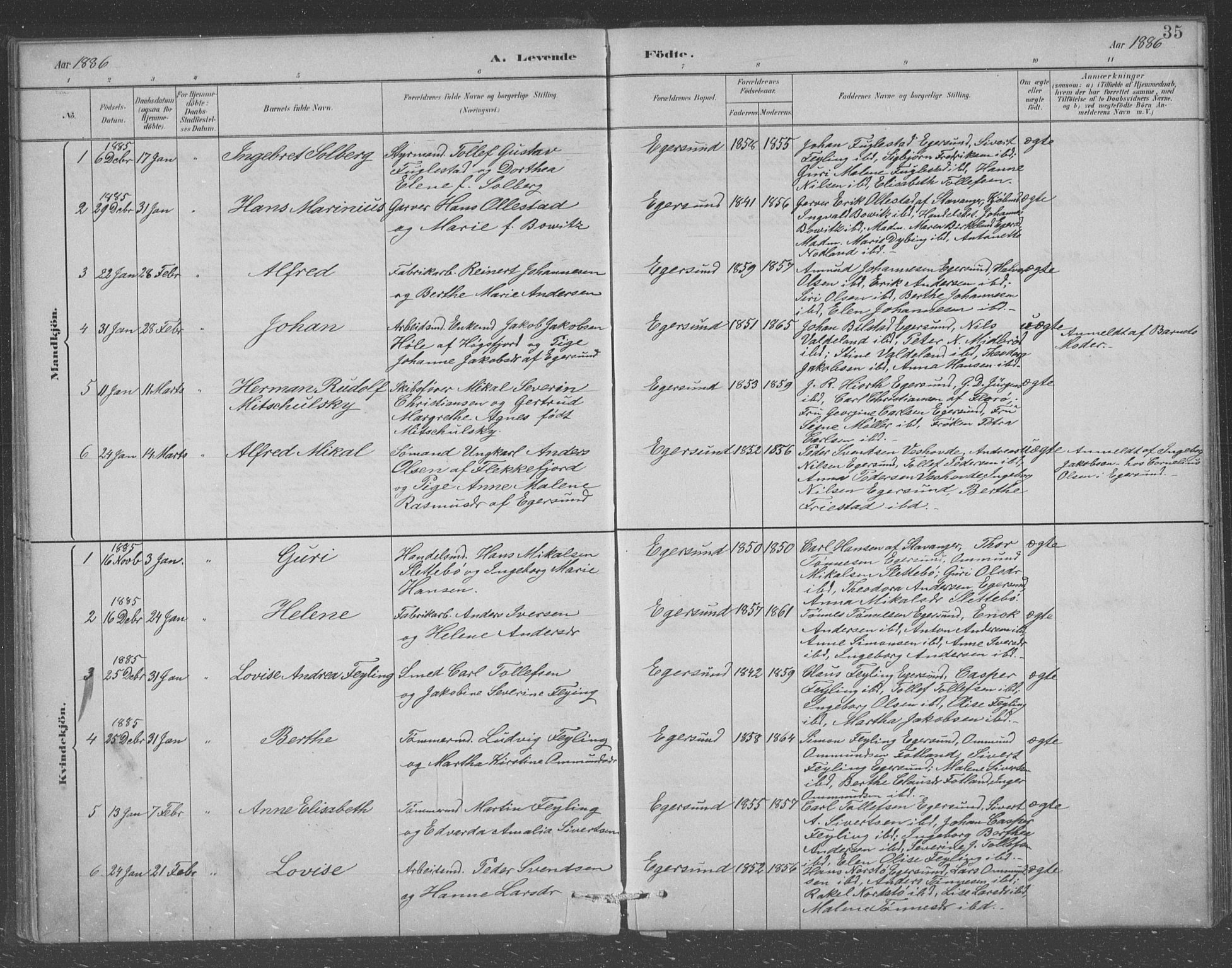 Eigersund sokneprestkontor, AV/SAST-A-101807/S09/L0008: Klokkerbok nr. B 8, 1882-1892, s. 35