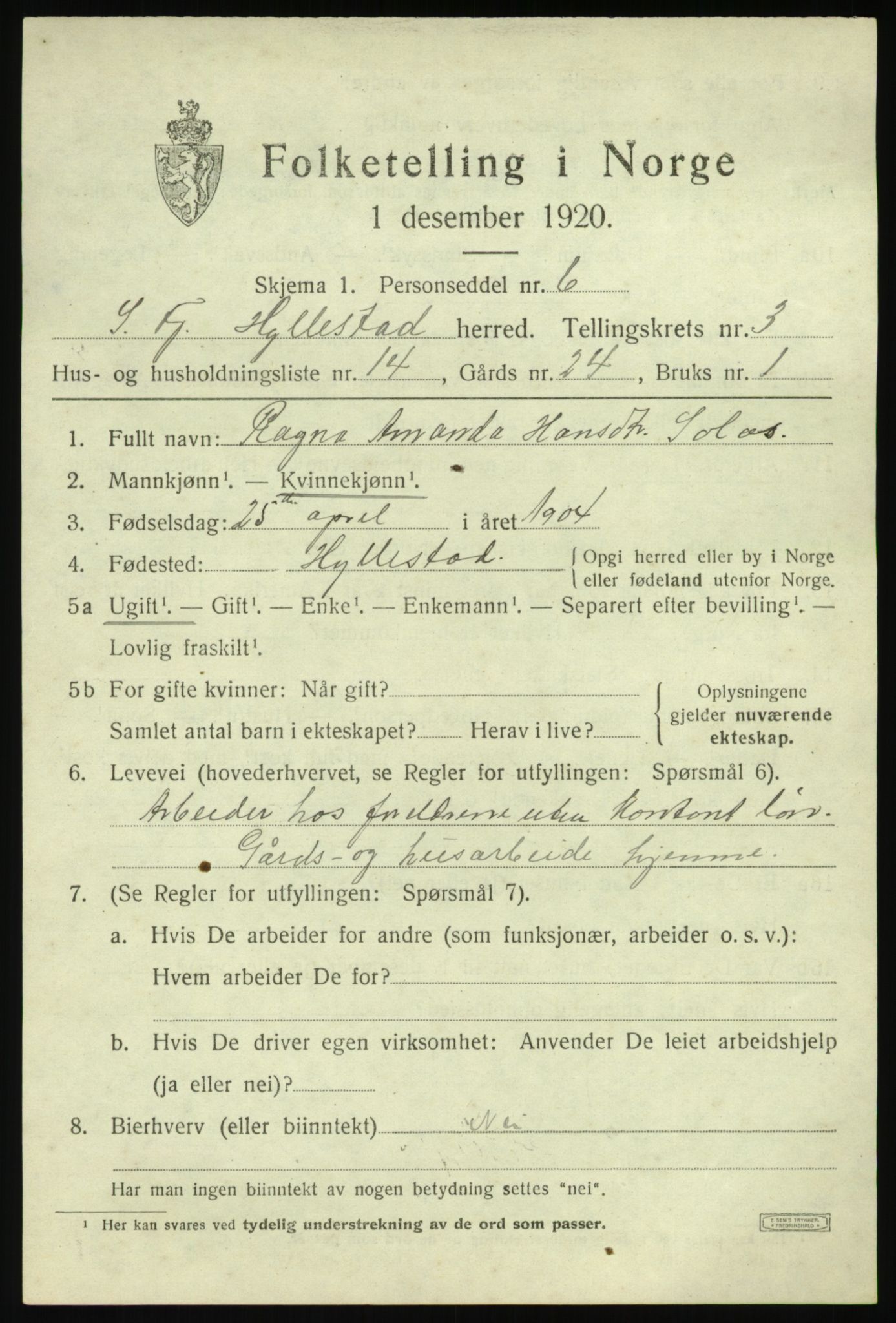 SAB, Folketelling 1920 for 1413 Hyllestad herred, 1920, s. 1806