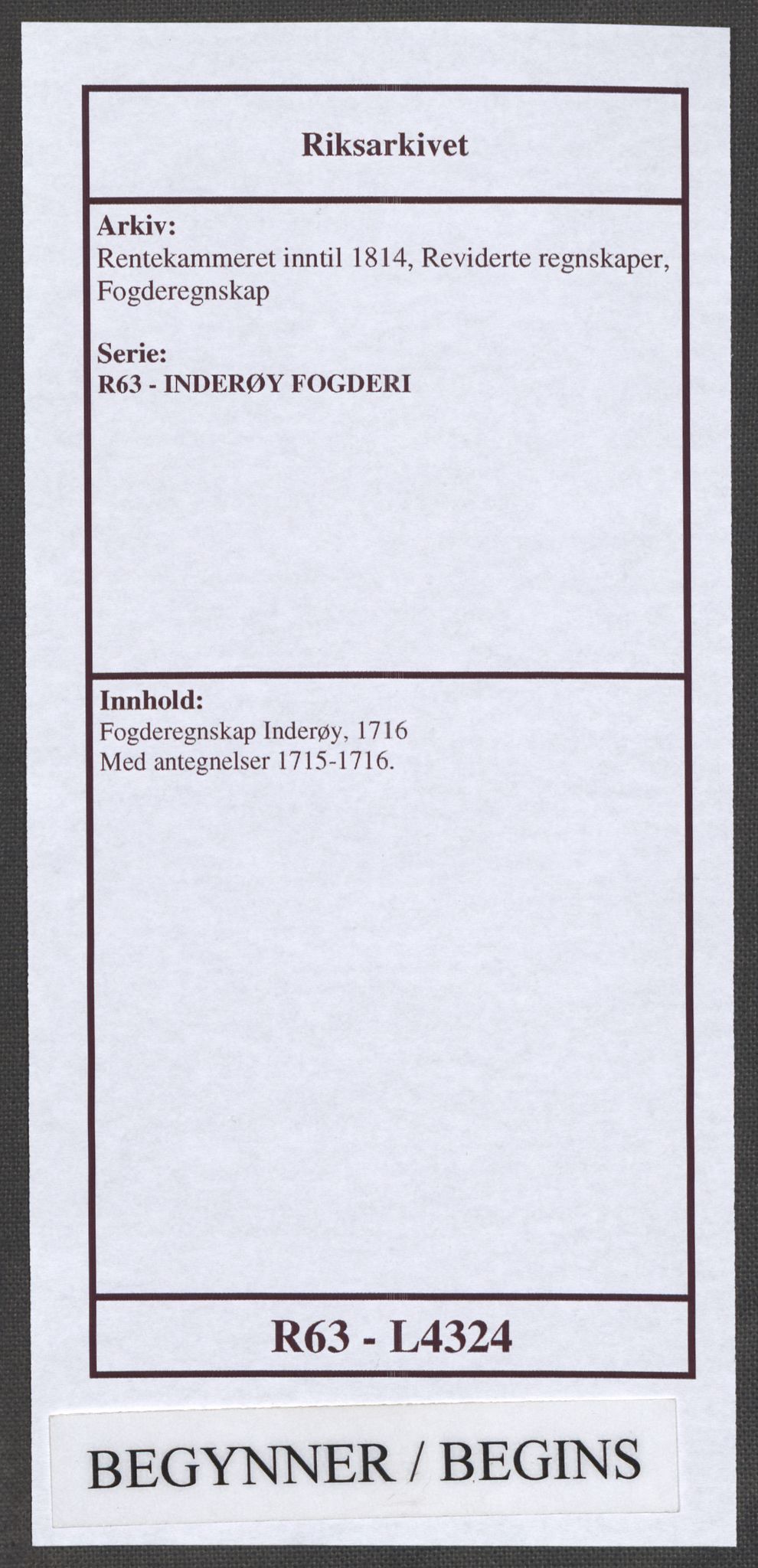 Rentekammeret inntil 1814, Reviderte regnskaper, Fogderegnskap, RA/EA-4092/R63/L4324: Fogderegnskap Inderøy, 1716, s. 1