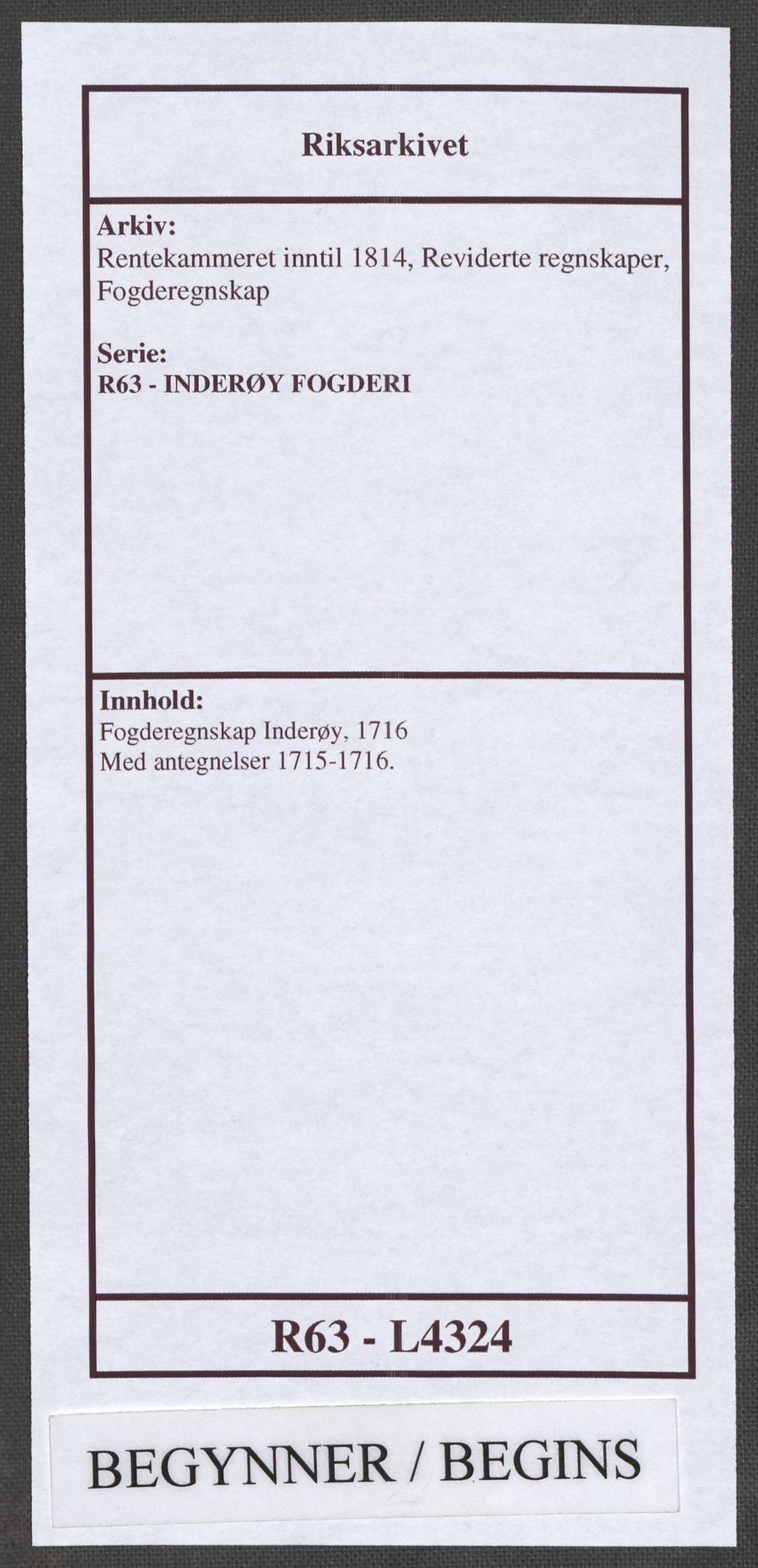 Rentekammeret inntil 1814, Reviderte regnskaper, Fogderegnskap, AV/RA-EA-4092/R63/L4324: Fogderegnskap Inderøy, 1716, s. 1