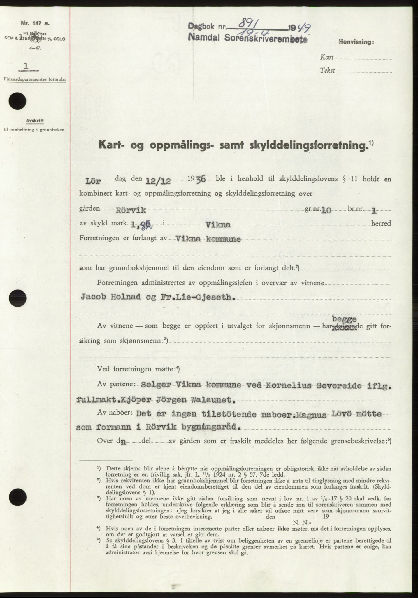 Namdal sorenskriveri, SAT/A-4133/1/2/2C: Pantebok nr. -, 1949-1949, Dagboknr: 891/1949