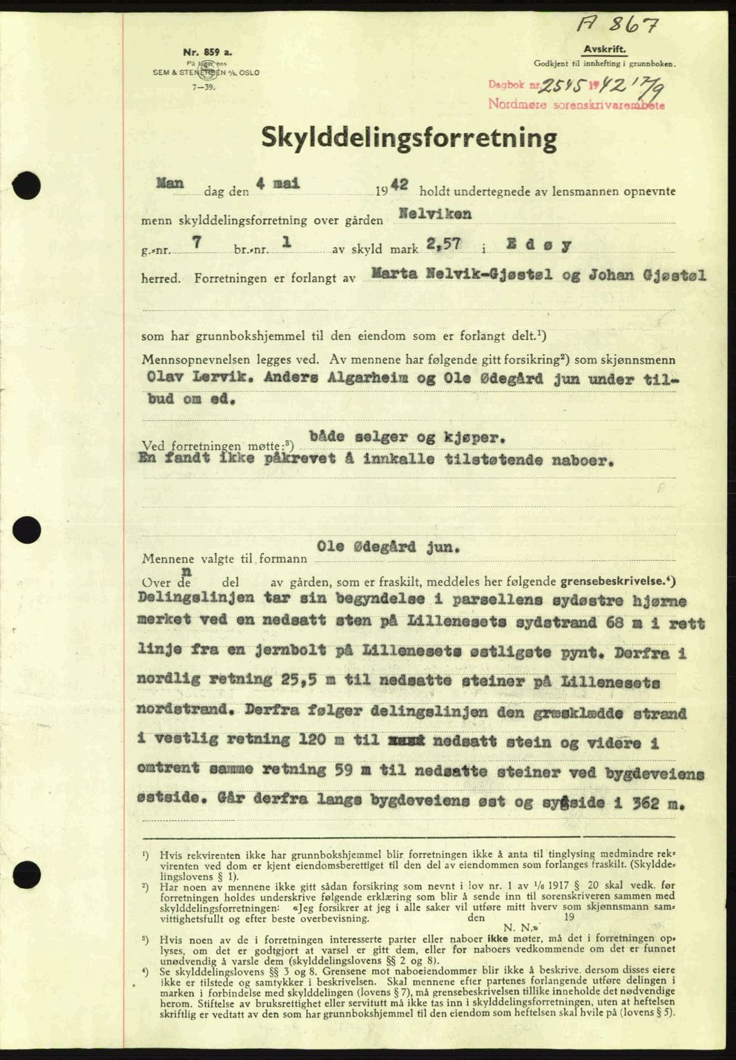 Nordmøre sorenskriveri, SAT/A-4132/1/2/2Ca: Pantebok nr. A93, 1942-1942, Dagboknr: 2545/1942