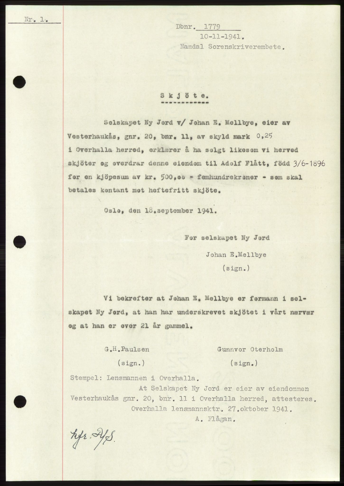Namdal sorenskriveri, SAT/A-4133/1/2/2C: Pantebok nr. -, 1941-1942, Dagboknr: 1779/1941