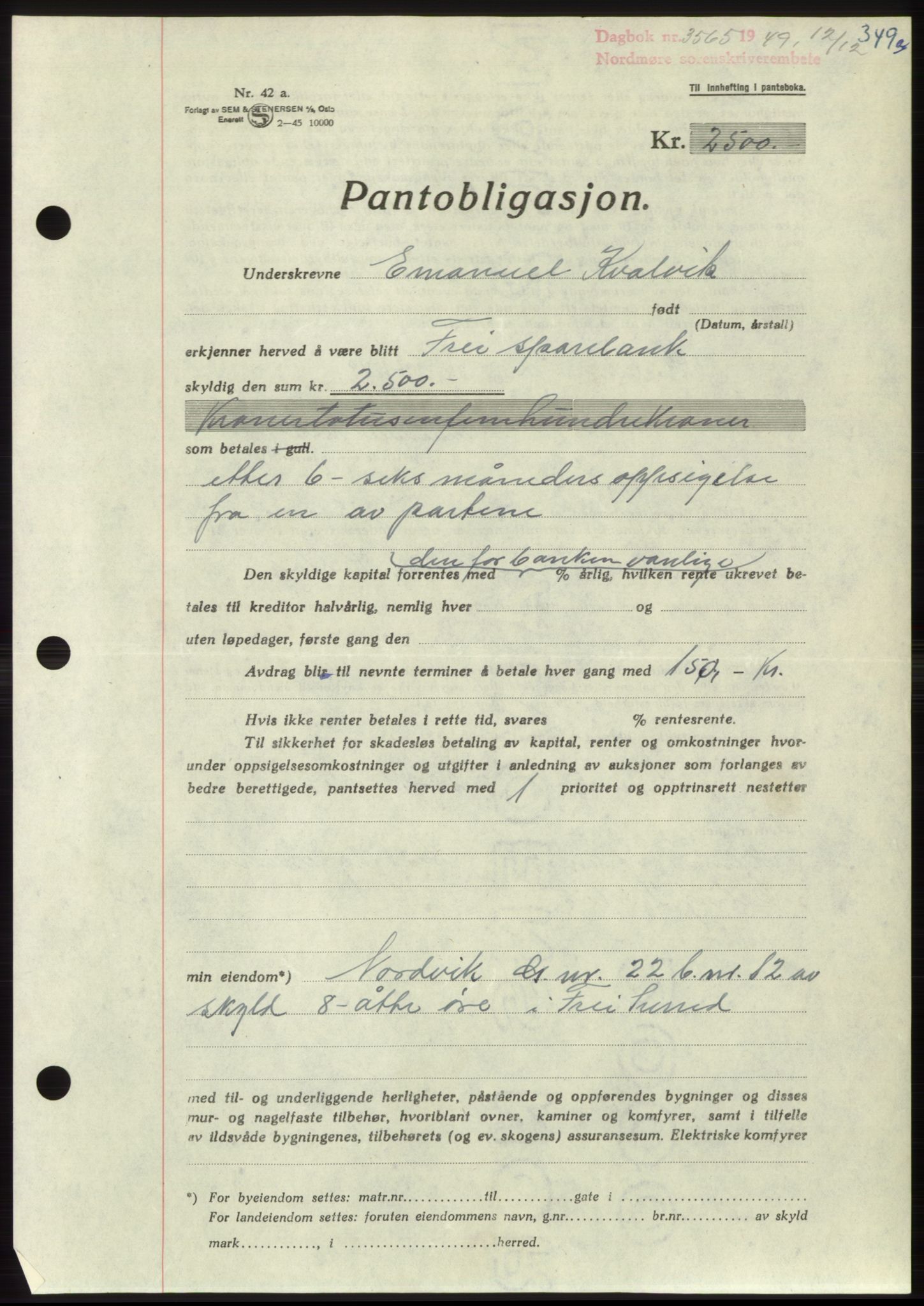 Nordmøre sorenskriveri, SAT/A-4132/1/2/2Ca: Pantebok nr. B103, 1949-1950, Dagboknr: 3565/1949