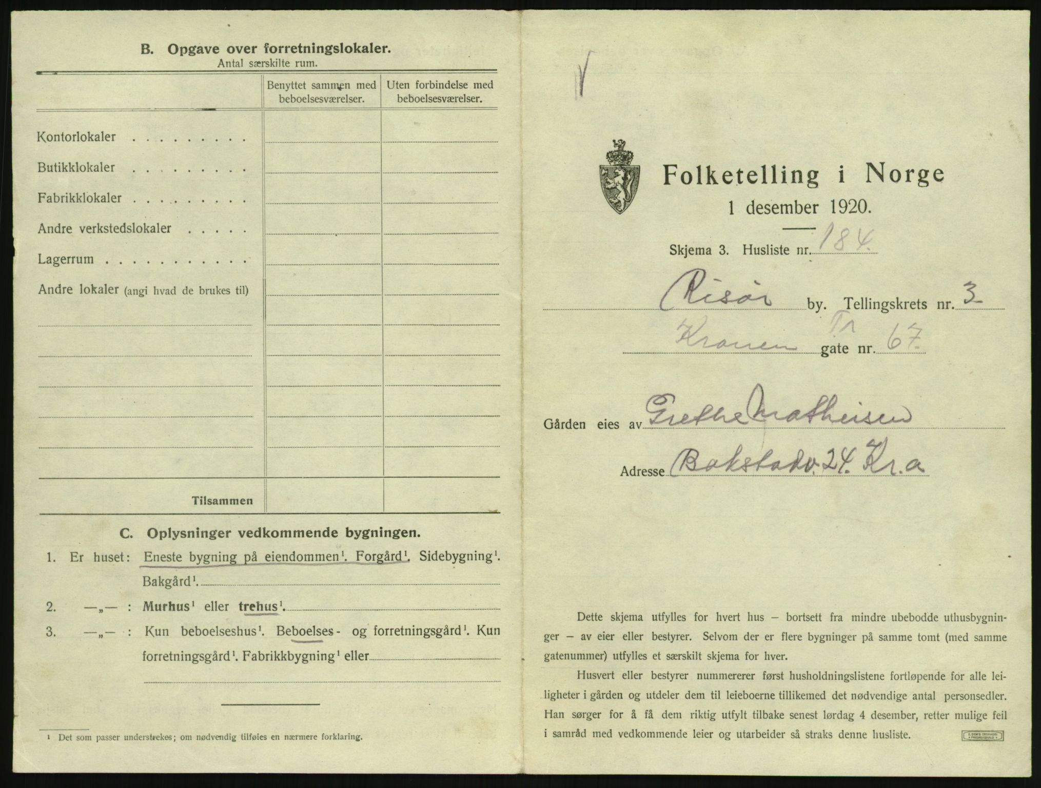 SAK, Folketelling 1920 for 0901 Risør kjøpstad, 1920, s. 1311