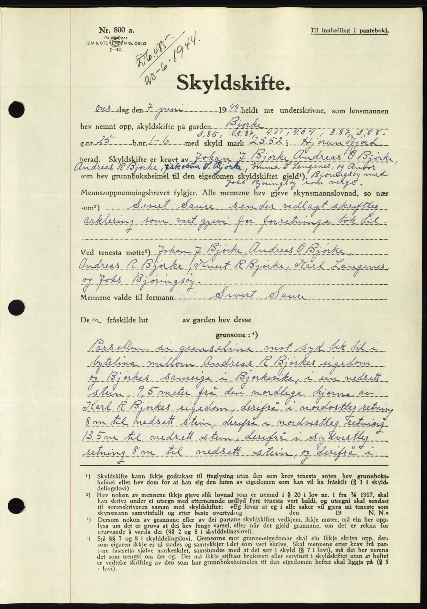 Søre Sunnmøre sorenskriveri, AV/SAT-A-4122/1/2/2C/L0076: Pantebok nr. 2A, 1943-1944, Dagboknr: 485/1944