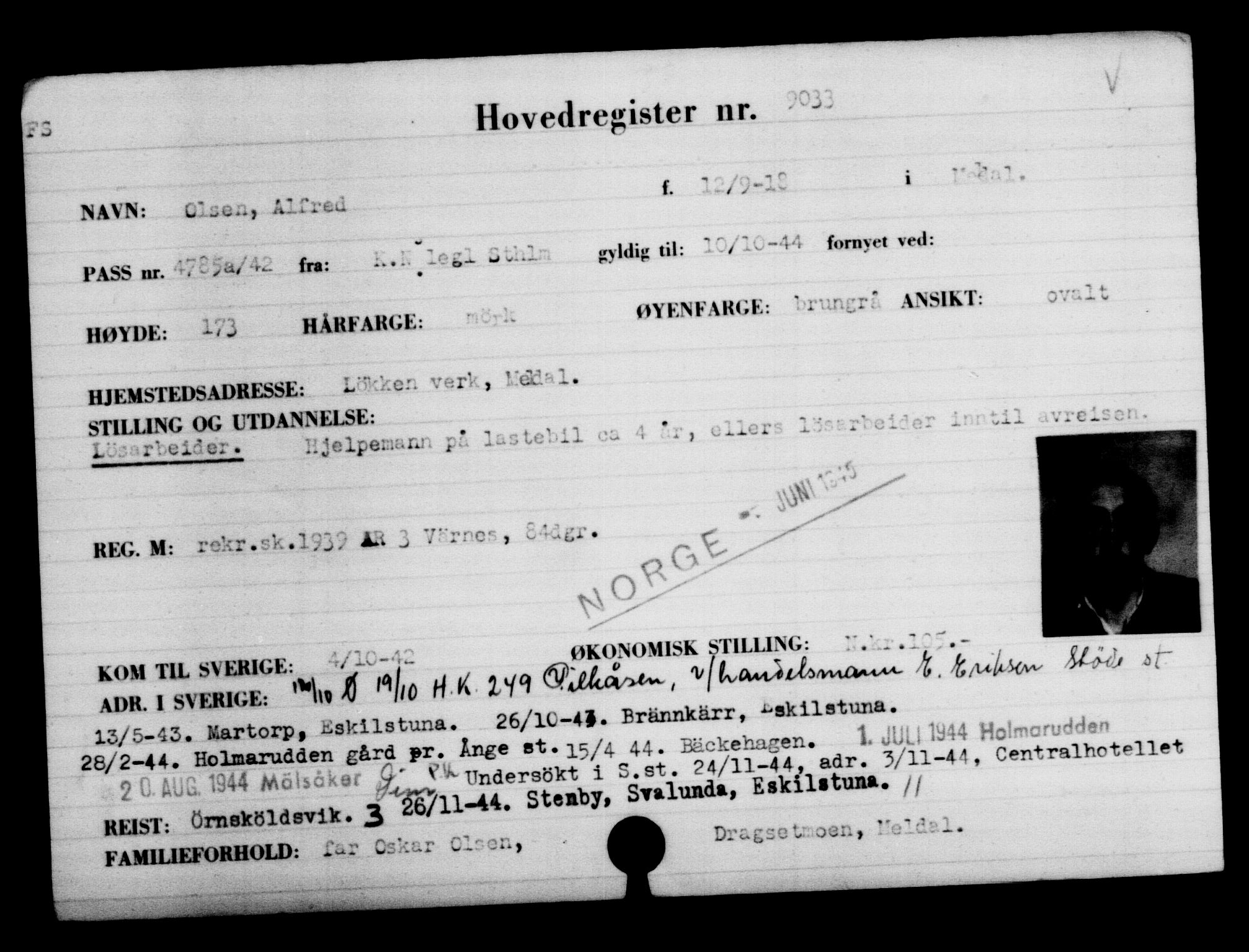 Utenriksstasjonene, Legasjonen i Stockholm, Flyktningkontoret, AV/RA-S-6753/V/Va/L0005: Kjesäterkartoteket, flyktninger med registreringsnr. 6600-9417, 1940-1945, s. 2858