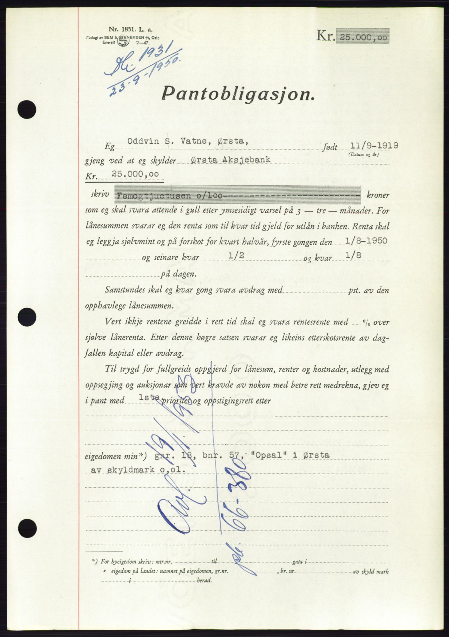 Søre Sunnmøre sorenskriveri, AV/SAT-A-4122/1/2/2C/L0119: Pantebok nr. 7B, 1950-1951, Dagboknr: 1931/1950