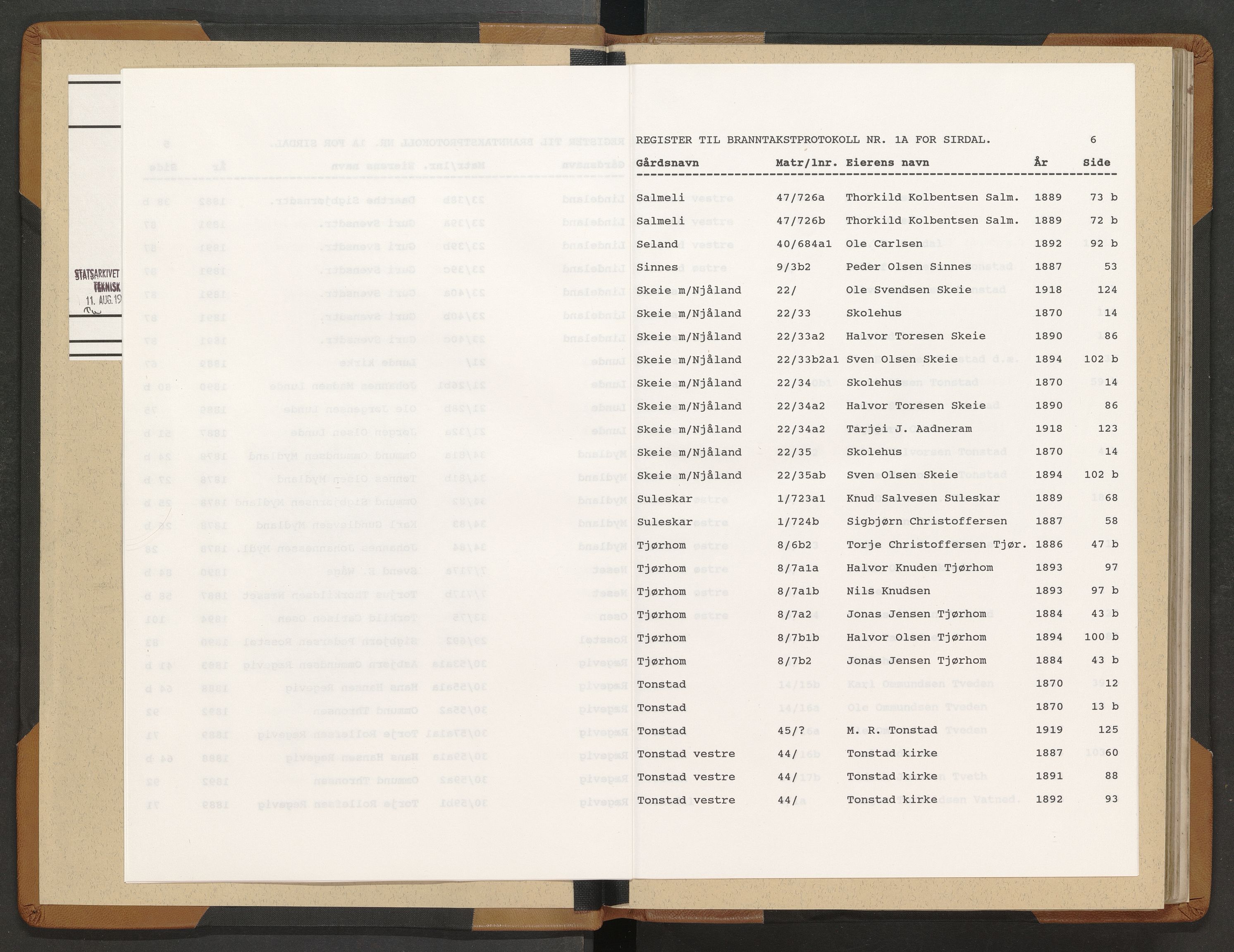 Norges Brannkasse Sirdal, AV/SAK-2241-0044/F/Fa/L0001: Branntakstprotokoll nr. 1a med gårdsnavnregister, 1850-1919