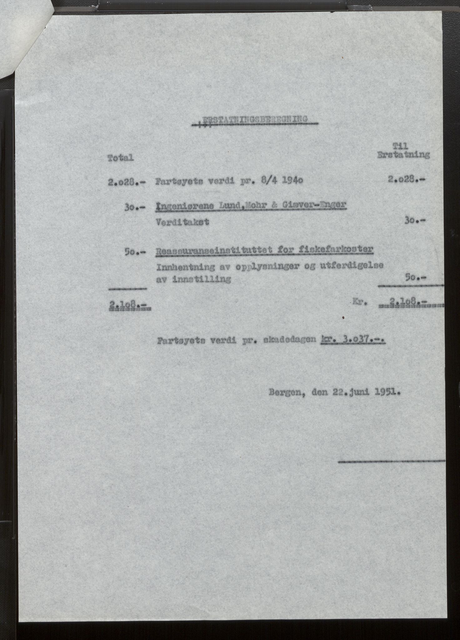 Fiskeridirektoratet - 1 Adm. ledelse - 13 Båtkontoret, AV/SAB-A-2003/La/L0033: Statens krigsforsikring for fiskeflåten, 1936-1971, s. 537