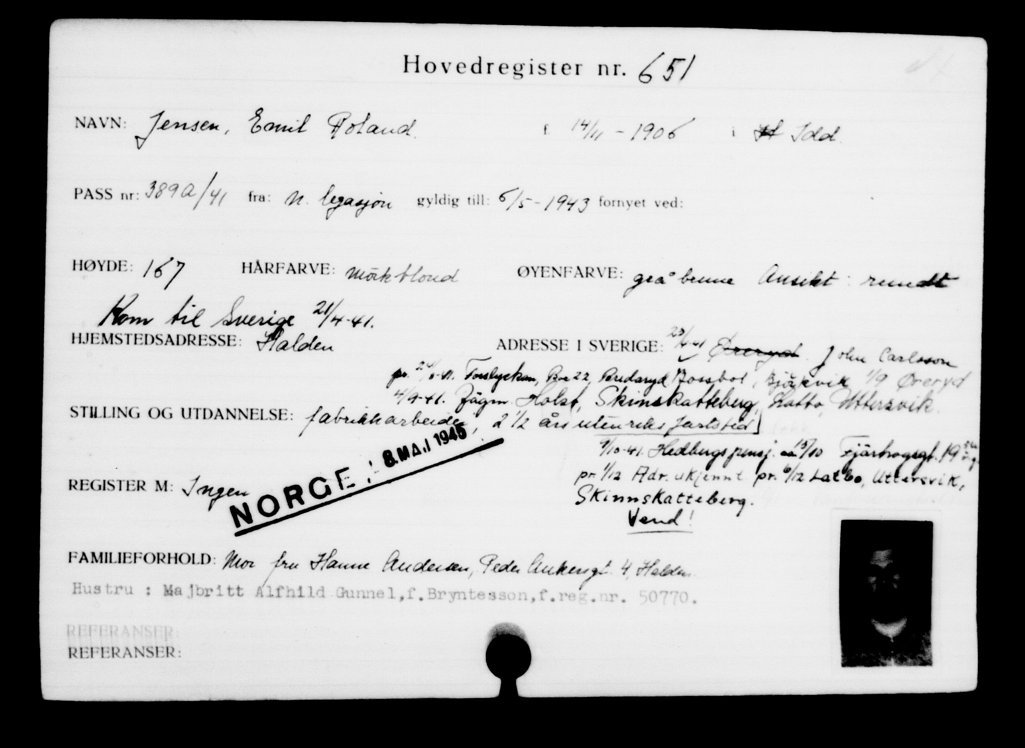 Utenriksstasjonene, Legasjonen i Stockholm, Flyktningkontoret, AV/RA-S-6753/V/Va/L0001: Kjesäterkartoteket, flyktninger med registreringsnr. 1-1000, 1940-1945, s. 1015