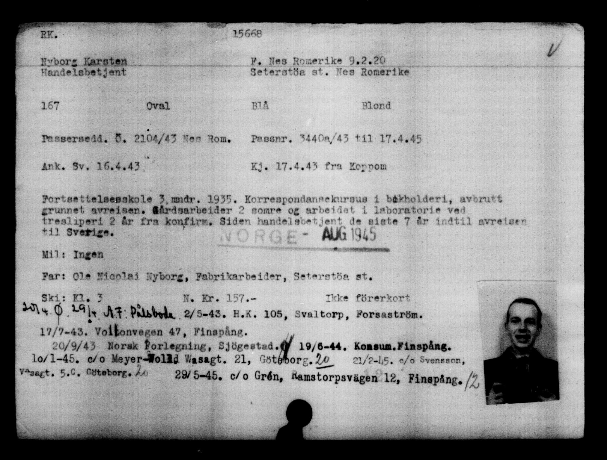 Den Kgl. Norske Legasjons Flyktningskontor, AV/RA-S-6753/V/Va/L0007: Kjesäterkartoteket.  Flyktningenr. 12700-15723, 1940-1945, s. 3400