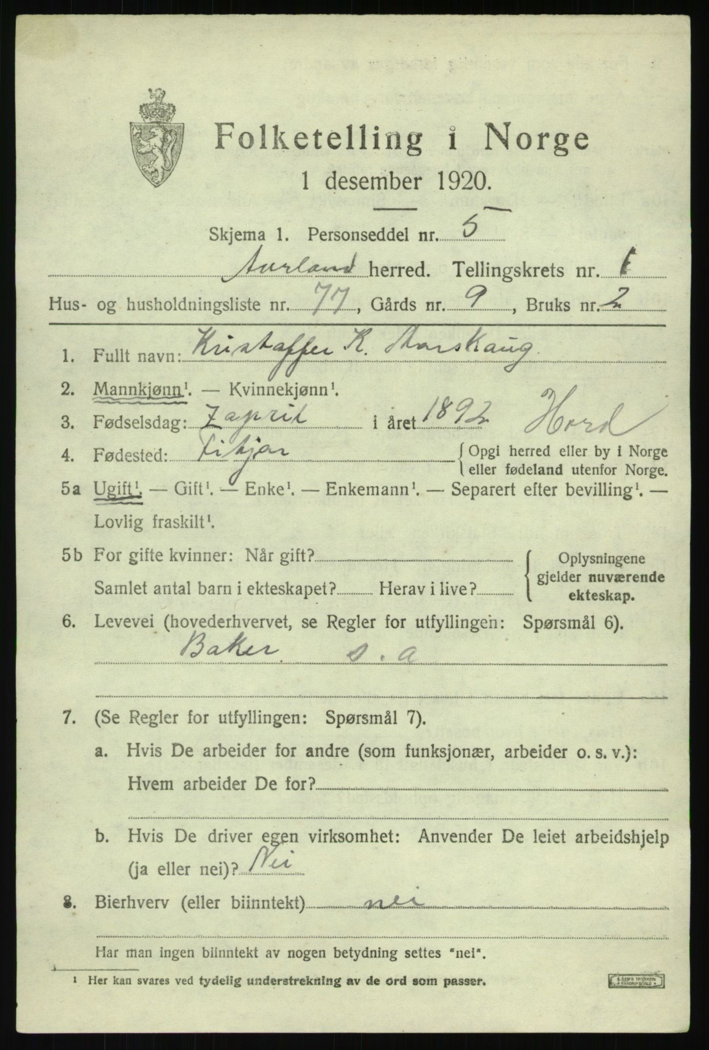 SAB, Folketelling 1920 for 1421 Aurland herred, 1920, s. 1822